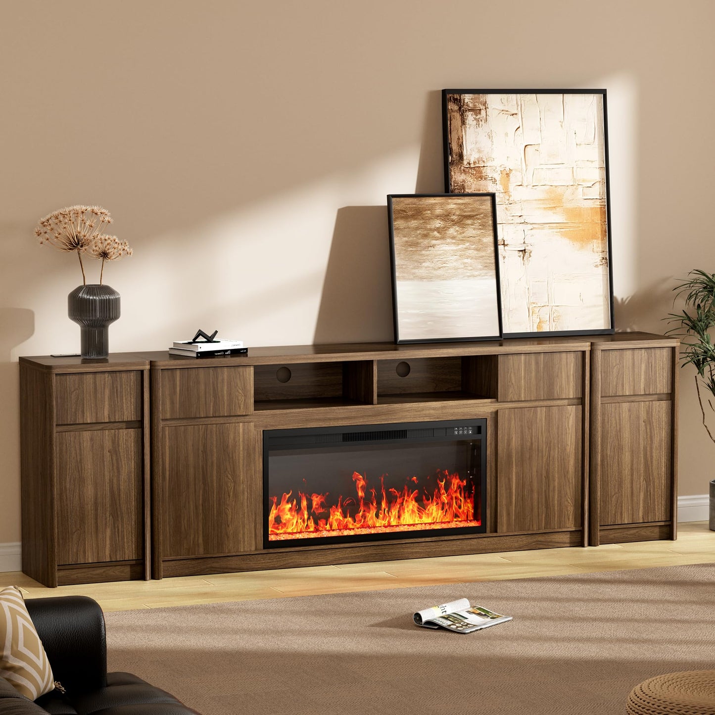 100”Fireplace TV Stand w/Drawer,Fluted Entertainment Center,36" Fireplace w/LED Flame,Fits TVs Up to 100",Modern Media Console with Storage Cabinet & Adjustable Shelves,Living Room,Walnut