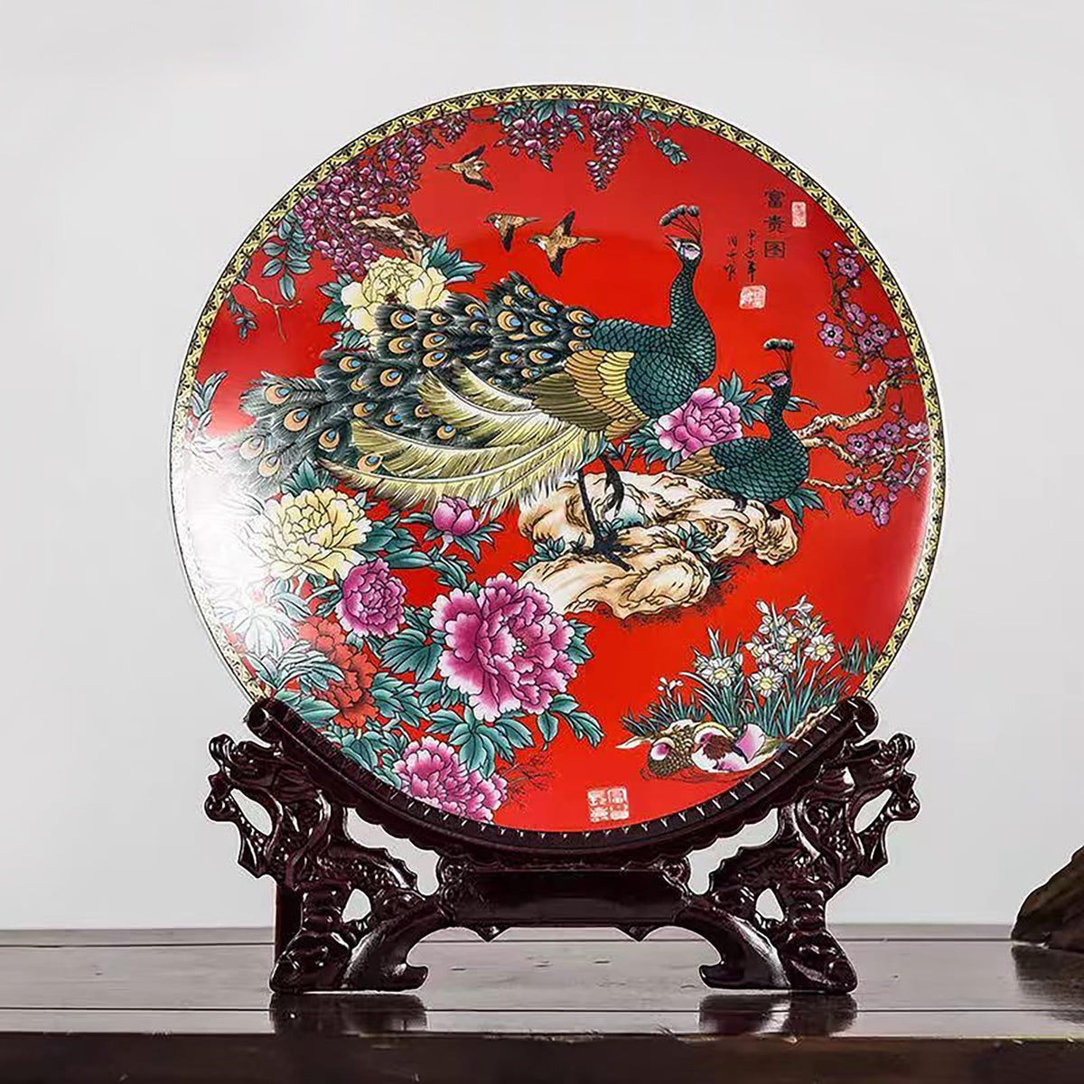 LIYAOLI Decorative Plates for Display - Handmade Chinese Classical Red Peacock & Peony Porcelain Plates for Living Room, Dining Table, Shelf Decor (2025 Art Collection)