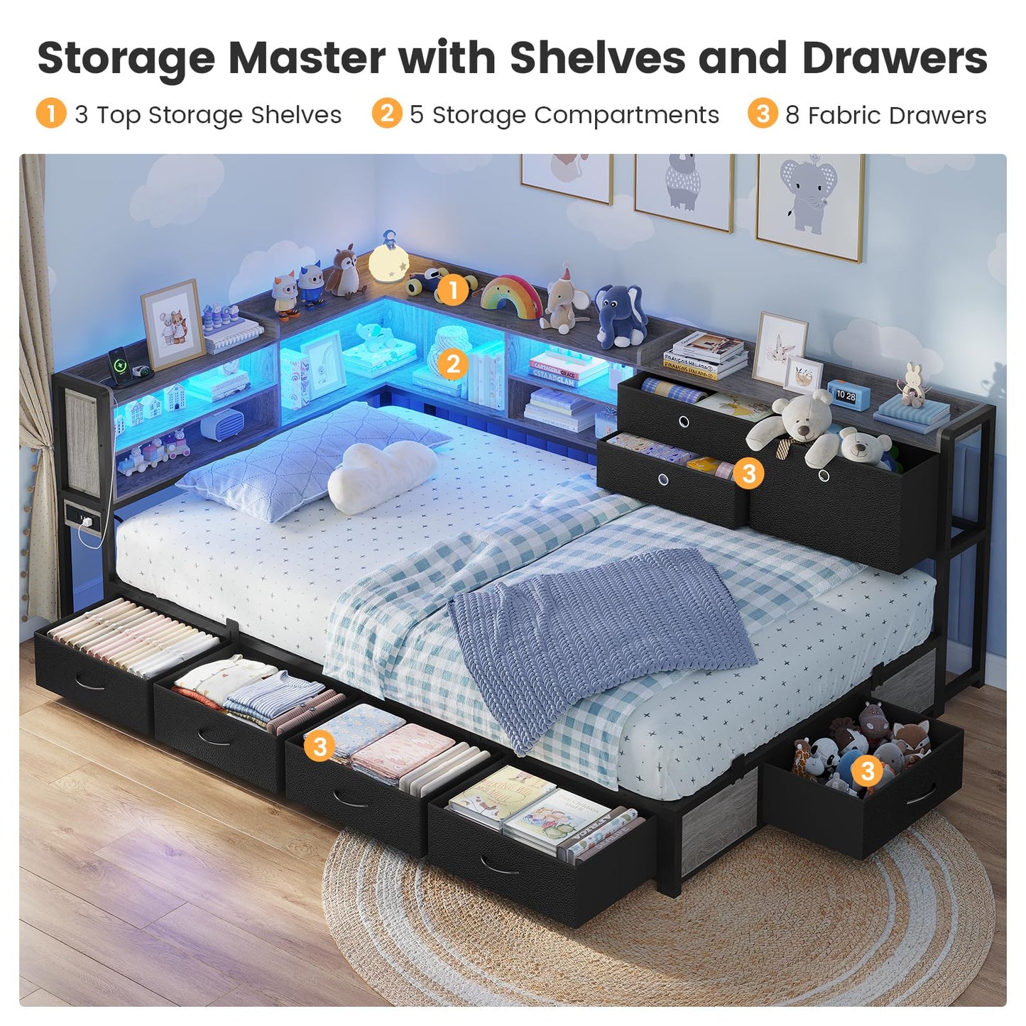 BTHFST Corner Bed Frame with Charging Station & Led Lights, Twin Bed Frame with 8 Storage Drawers & Bookcase, Twin Daybed with Storage Headboard for Kids Guests, Black & Gray