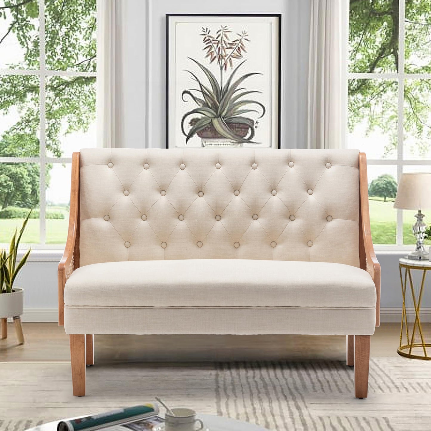 Yongqiang Modern Settee with Back Small Loveseat Sofa Rattan Upholstered Dining Banquette Seating for Kitchen Dining Room Living Room Linen Button Tufted Mini Couch
