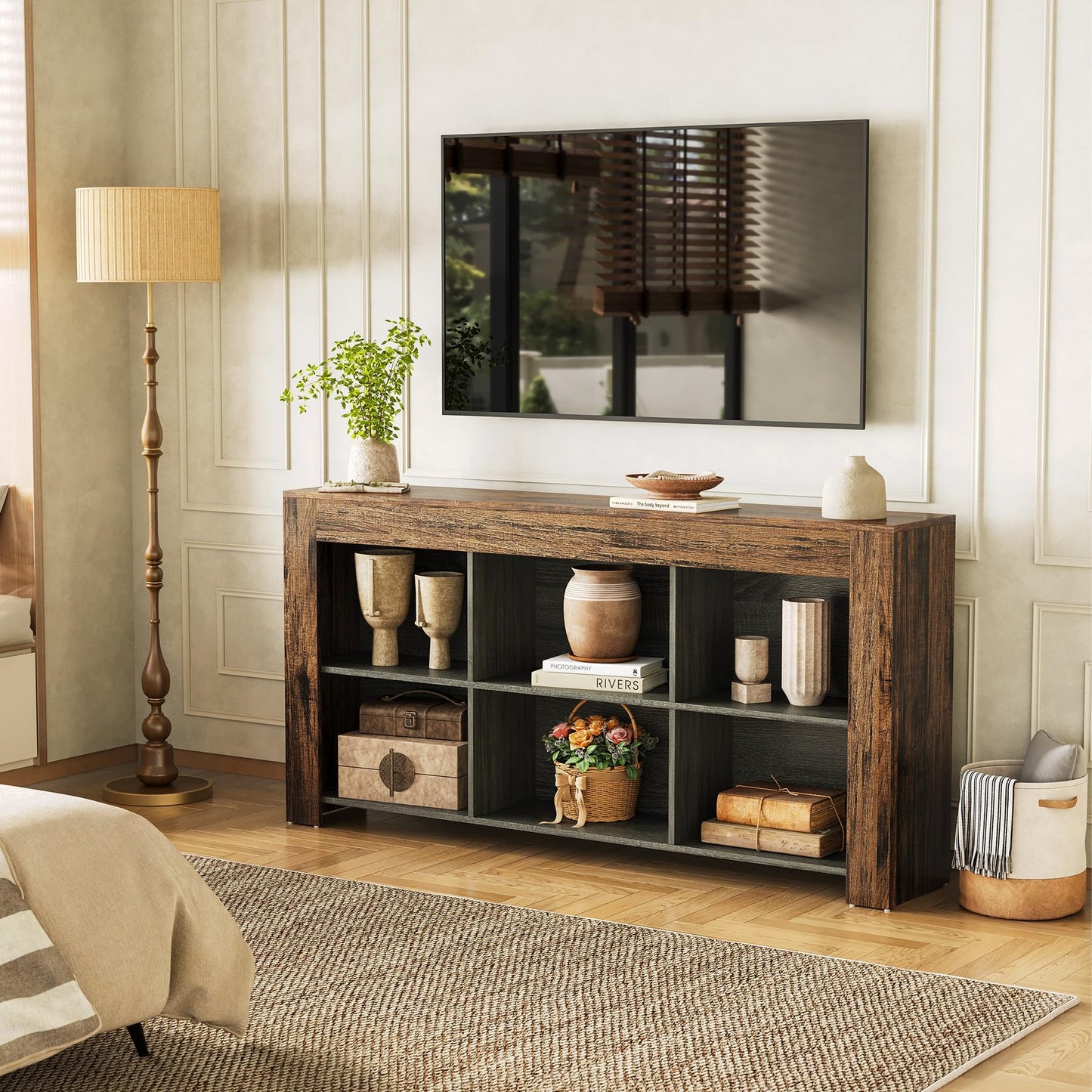 LITTLE TREE TV Stand with Storage, 63-Inch Entertainment Center with Shelves, Modern Media Console for Television up to 65" for Living Room, Bedroom, Brown + Black