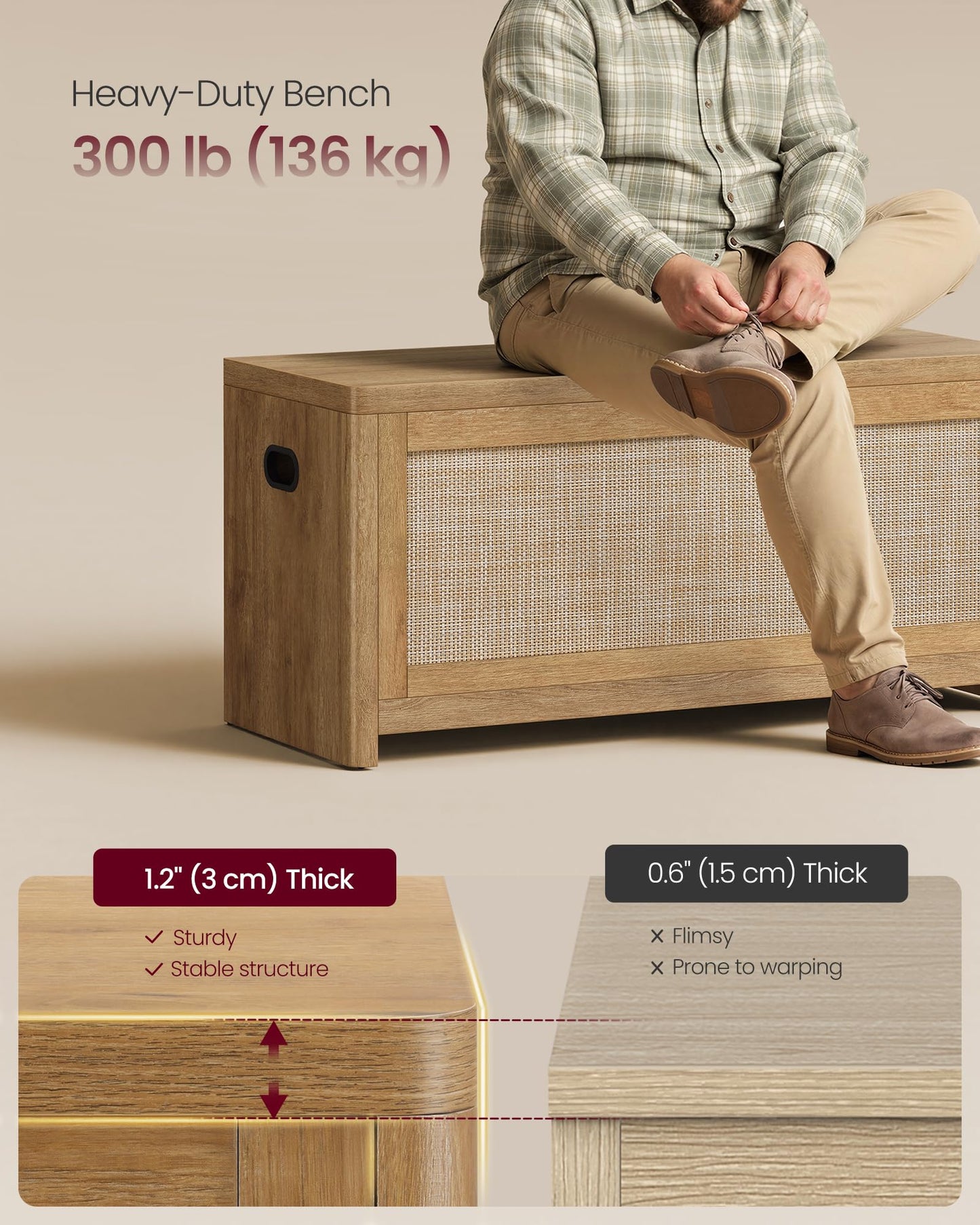 VASAGLE Boho Storage Bench with Rattan Look, Rounded Corners