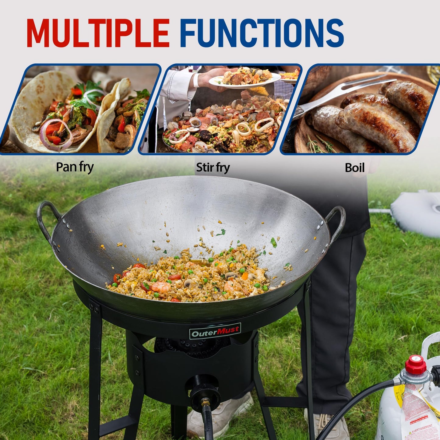 Outdoor Cooker with Iron Wok and Propane Burner, 54,000 BTU High-Pressure Gas Stove for Backyard BBQ, Tailgating & Outdoor Cooking