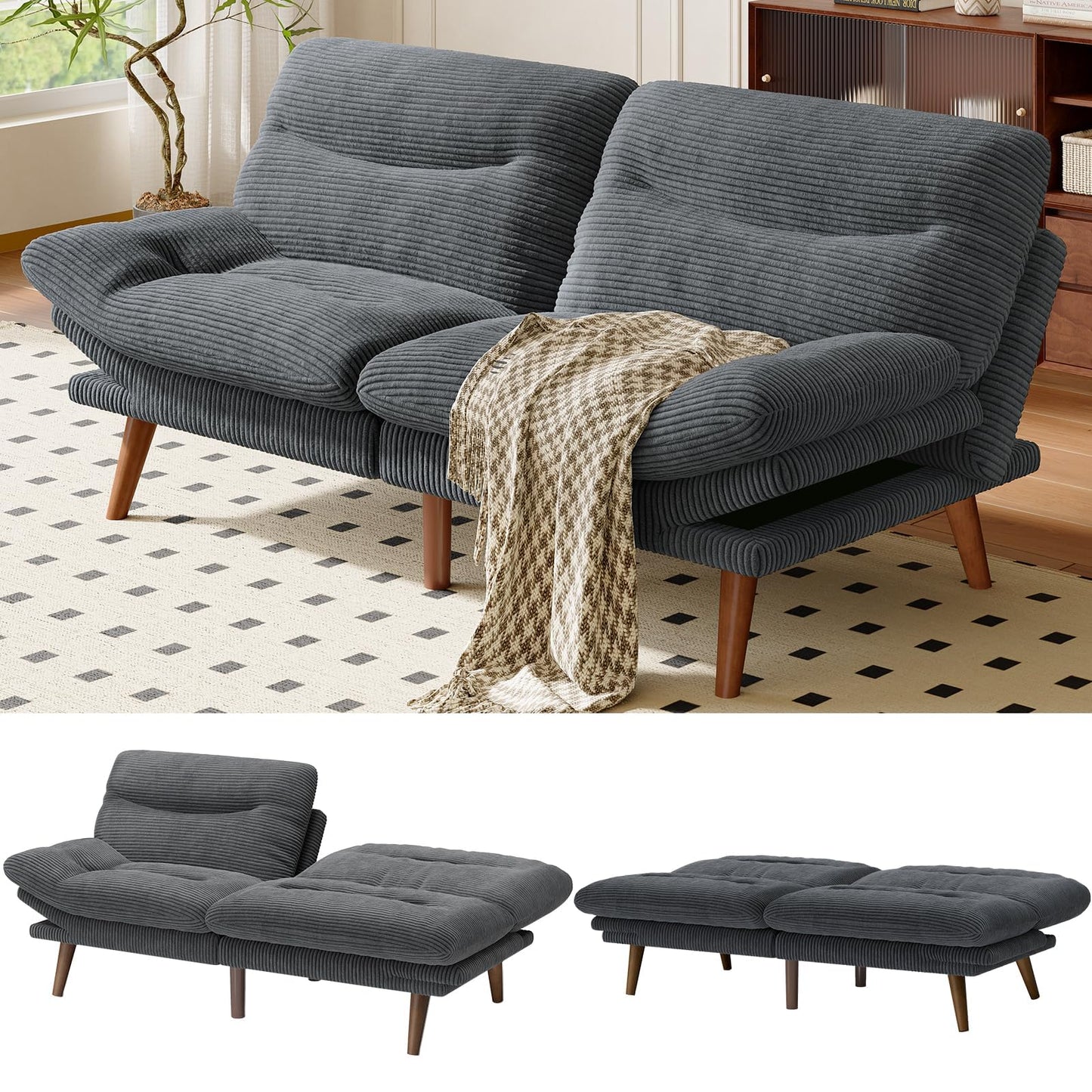 Amada 66" Convertible Futon Sofa Bed, Corduroy Folding Futon Set with Adjustable Backrest &Armrests, Recliner Lounge for Living Room, Apartment or Office, Wood Frame, Loveseat Sofa - Grey