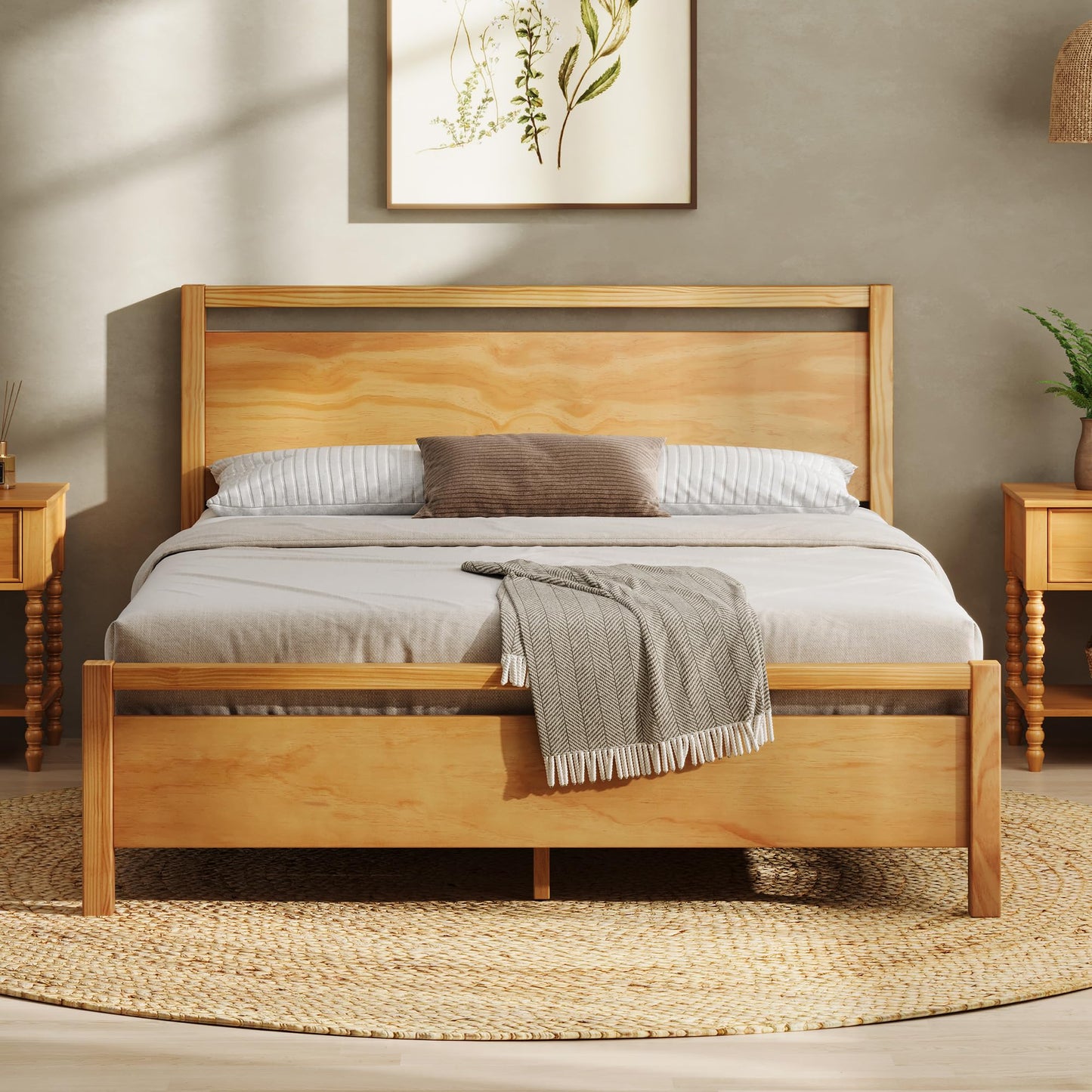 AMERLIFE King Size Solid Wood Bed Frame with Headboard, Minimalist Platform Bed with Wooden Slats Support/No Box Spring Needed/Easy Assembly, Natural