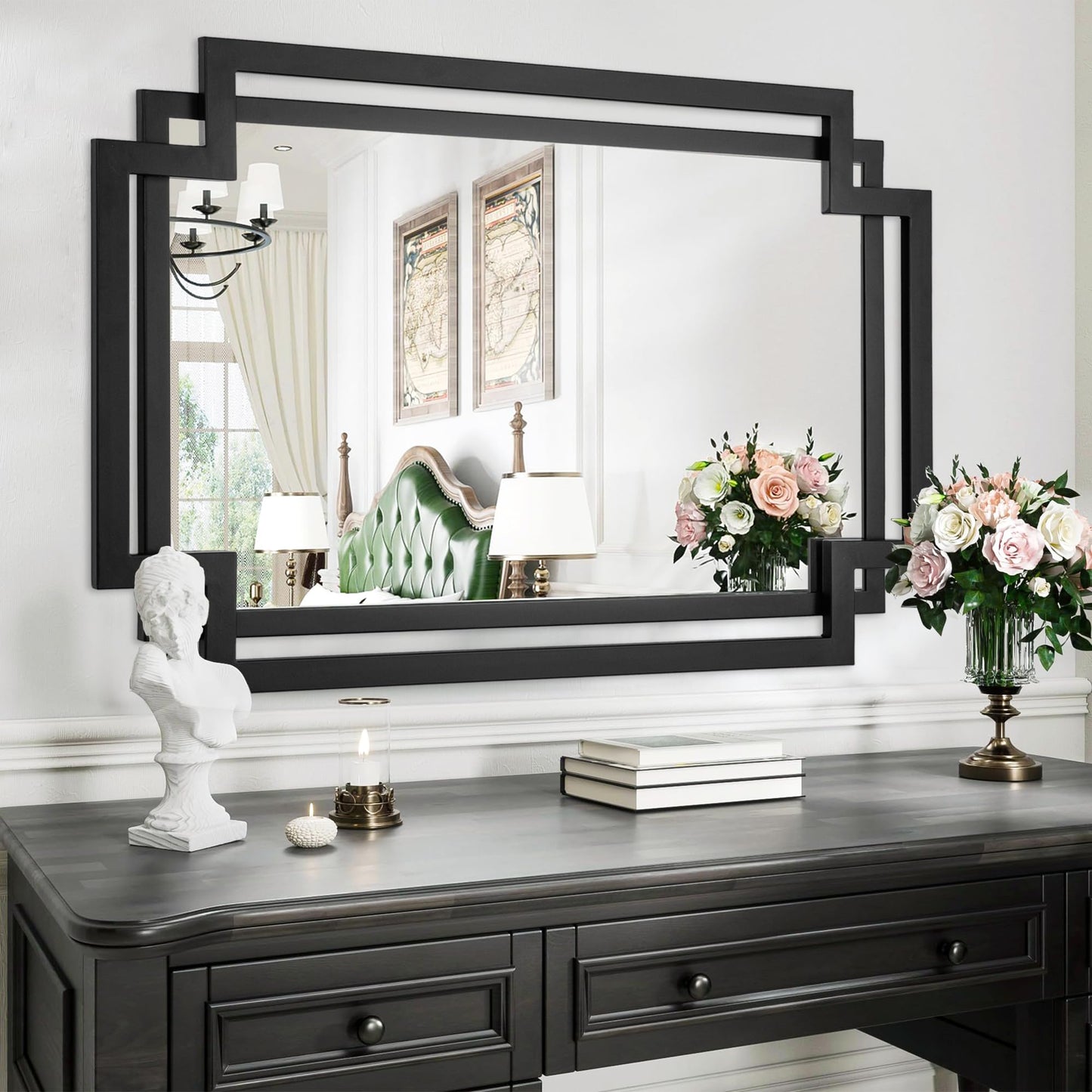 Autdot 28" x 40" Black Wall Mirror for Decor with Geometric Metal Frame
