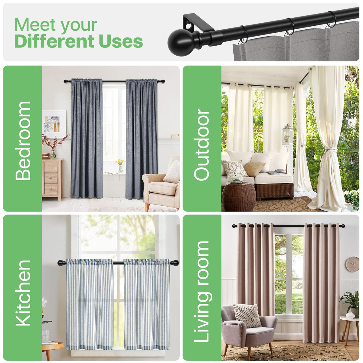 Curtain Rods for Windows 28 to 48 inch, 5/8 inch Black Curtain Rod Set with Brackets, Splicing Adjustable Metal Drapery Rod for Bedroom, Kitchen, Living Room, Matte Black