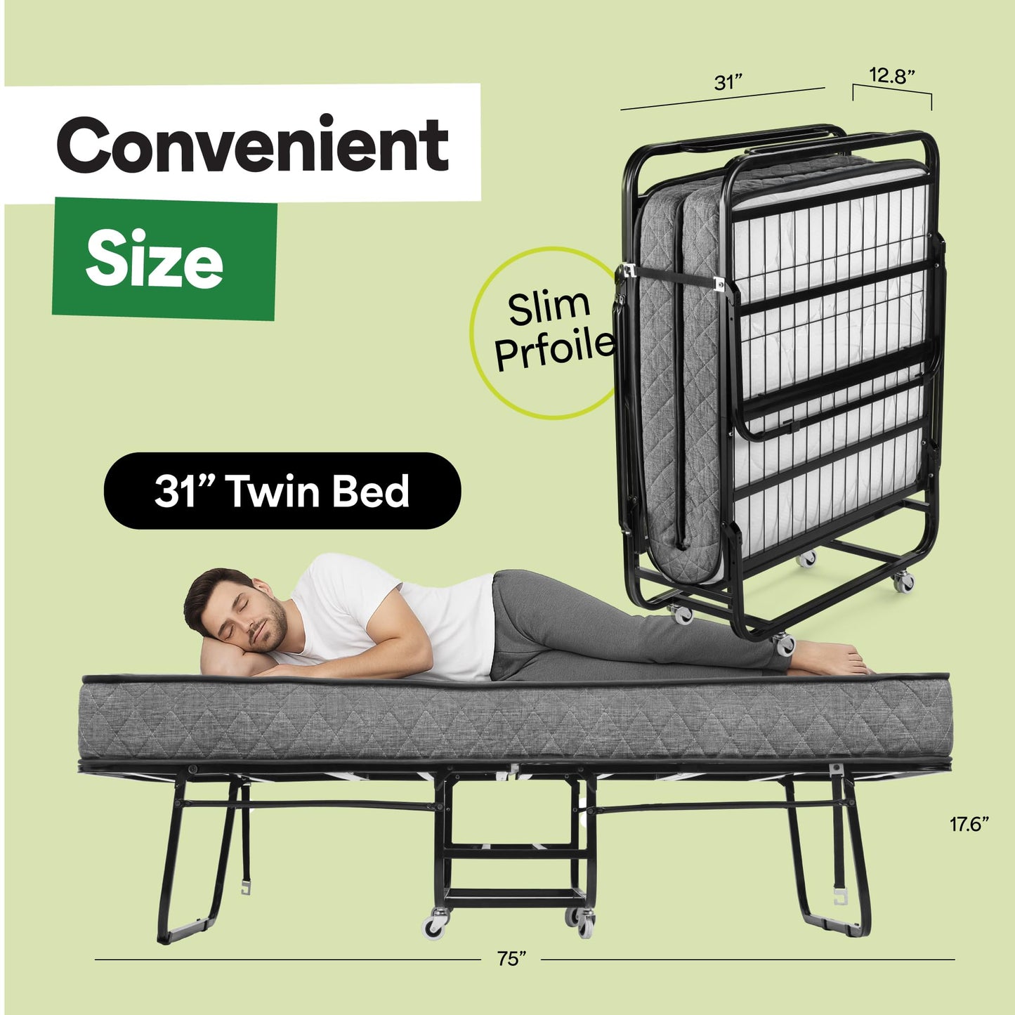 EconoHome Folding Bed with Mattress - 75x31 Cot Size Frame - Portable Rollaway Guest Bed with 5-inch Memory Foam Mattress - Space-Saving Foldable Design for Easy Storage