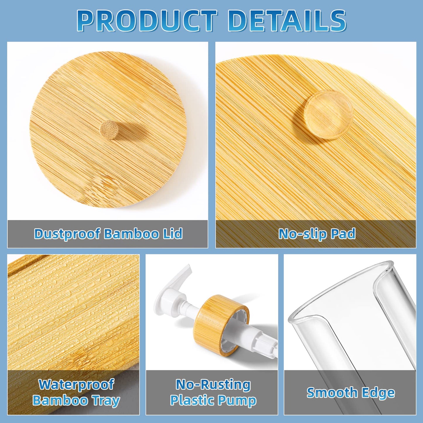 VITVITI Bamboo Bathroom Accessory Set, Soap/Mouthwash Dispenser, Clear