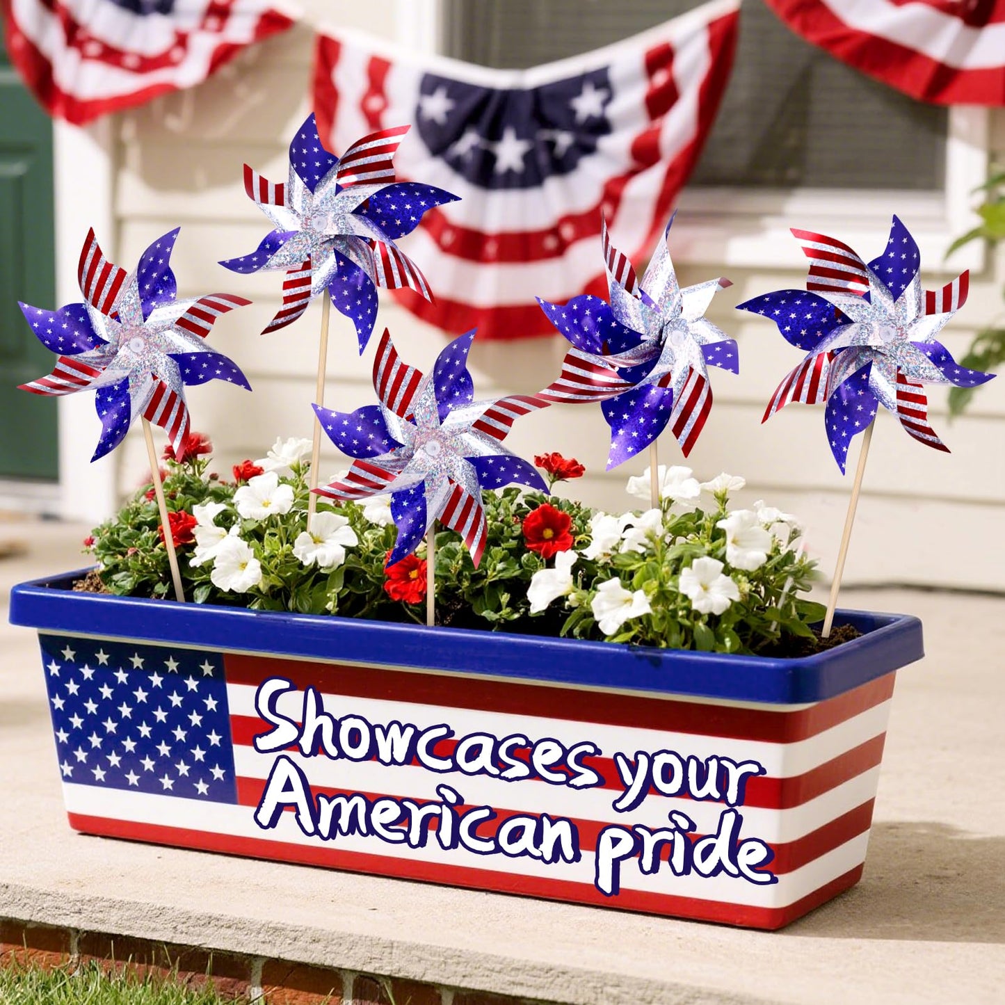 Reflective Patriotic Pinwheels 4th of July Decorations 12 Pack Red White and Blue Windmills Decorations Wind Spinners for Yard Garden,Independence Day, Memorial Day