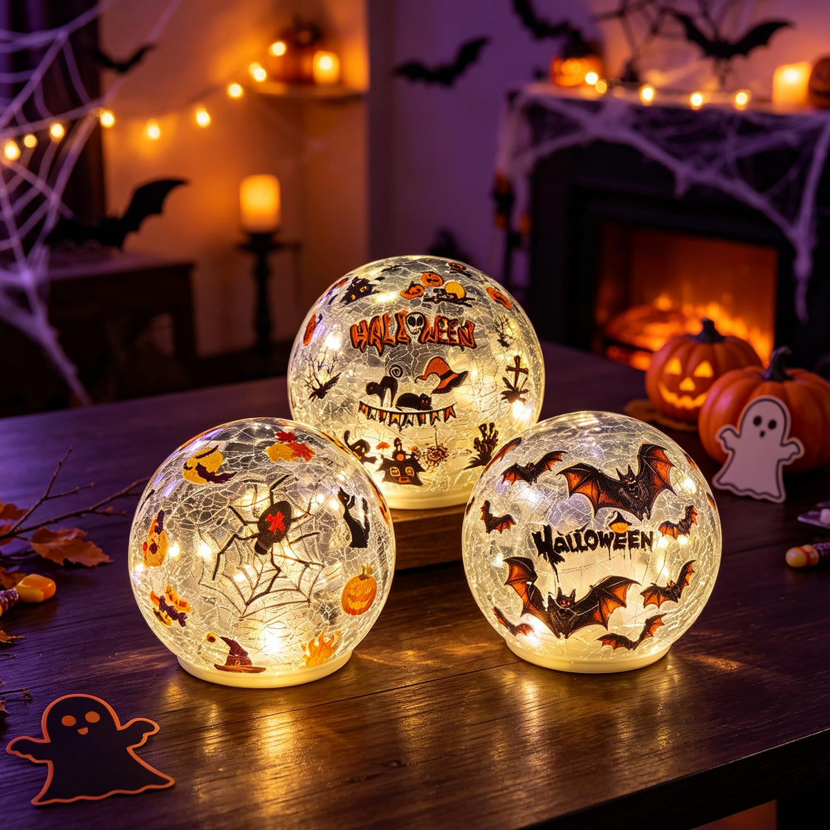 3 Pack Halloween Desktop Decorative Lights, Interior Decorations, LED Cracked Glass Ball Lights with Timer (Brown Bat)