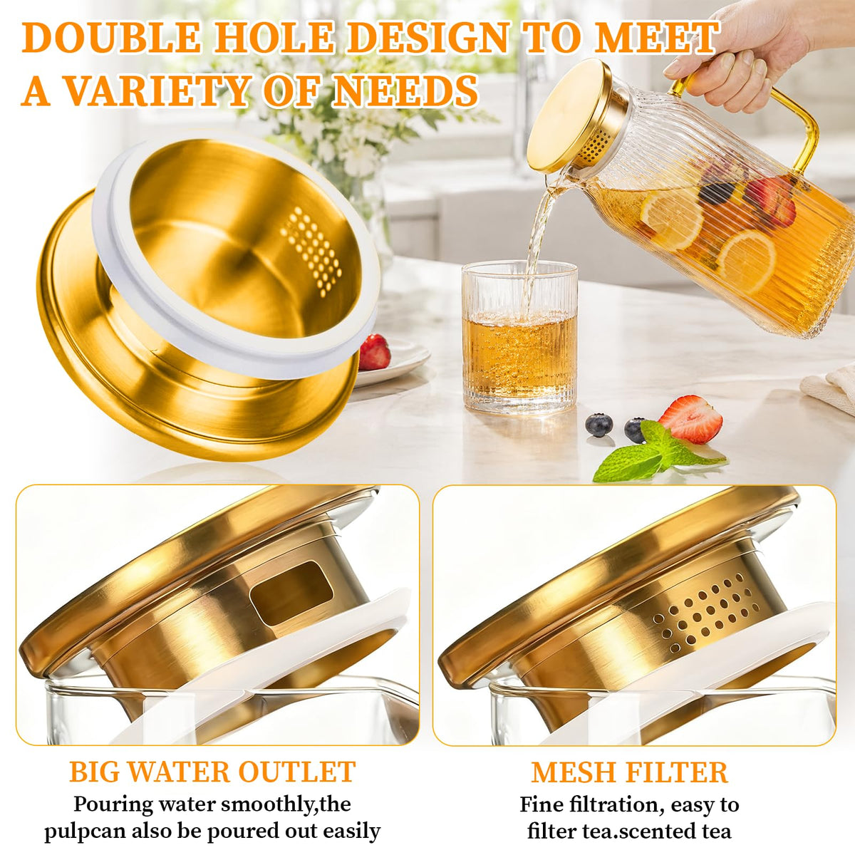2 Pack Glass Pitchers with Gold Lids, 68 oz/2 Liter Sun Tea Pitcher, Square Pitcher with Vertical Stripes and Handle, Heat-Resistant, Suitable for Refrigerator Storage, Tea and Beverage Container