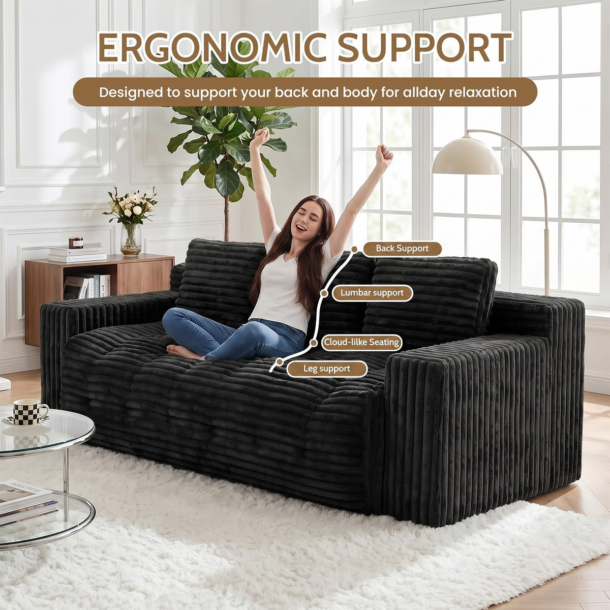 Tykacna 70” Boneless Couch, 3 Seater Sofa Couch with Extra Deep Seats 3 Pillows,Corduroy Modern Small Couch for Living Room, Office, Bedroom, Apartment,Black
