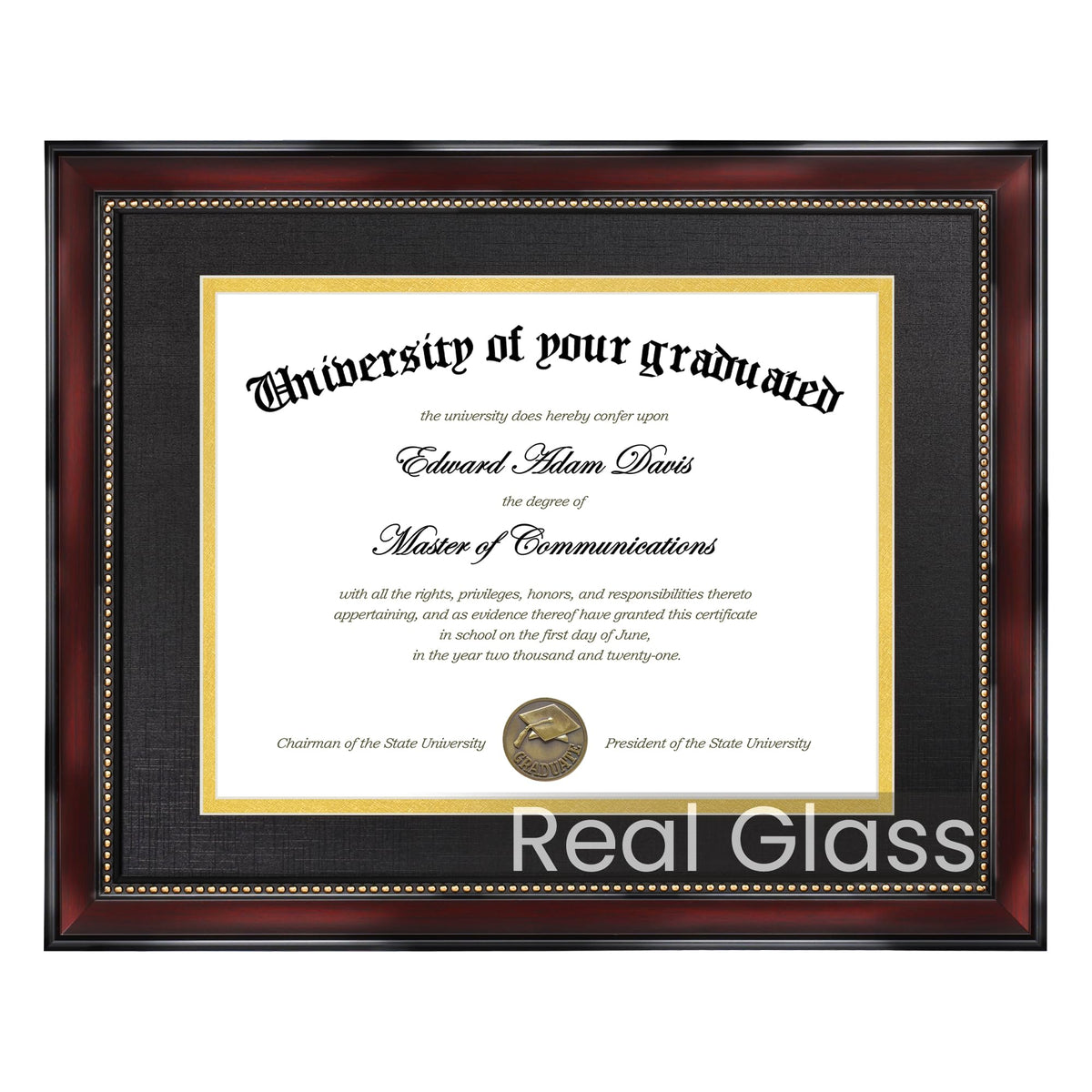 upsimples Diploma Frame 11x14 with HD Glass, Wood Grain with Gold Beading
