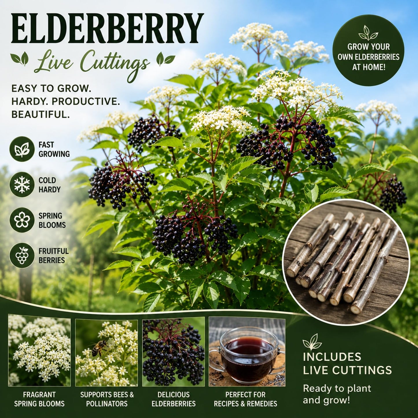 Live Elderberry Cuttings for Planting | Hardy Sambucus Berry Bush Cutting's | Fast Growing Edible & Pollinator-Friendly Shrubs | Easy to Root Elderberry Propagation Sticks (10 Cuttings)