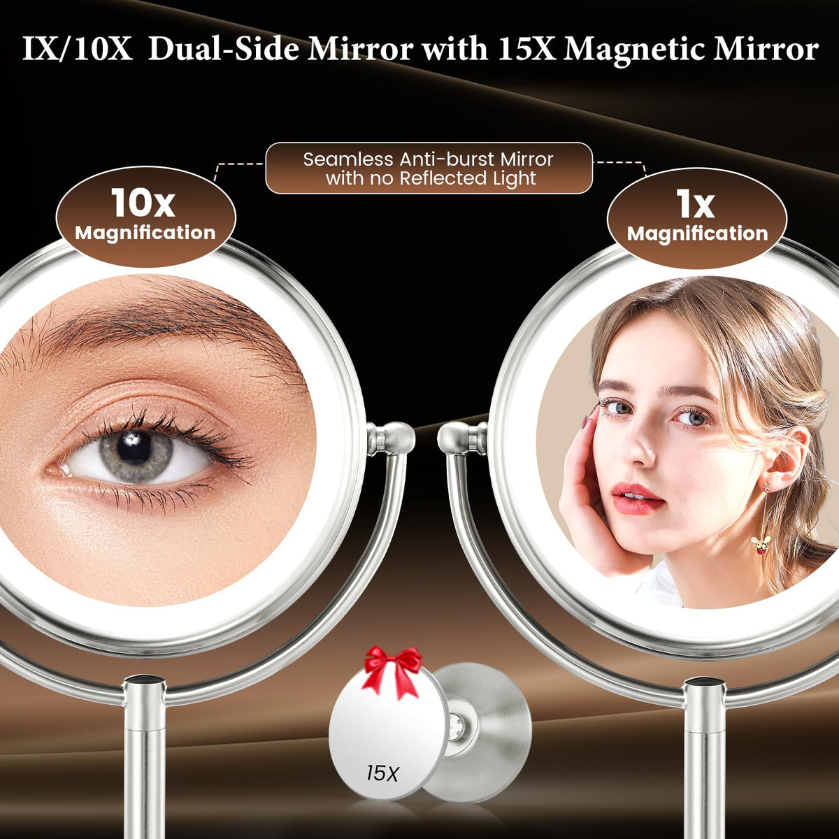 Professional 8.5" Large Lighted Makeup Mirror with Brighter Lights, 1X/10X True HD Magnifying Mirror with 3 Color Dimmable Lights, 90 Shadowless LEDs, 360°Swivel Seamless Vanity Mirror, Pearl Nickel