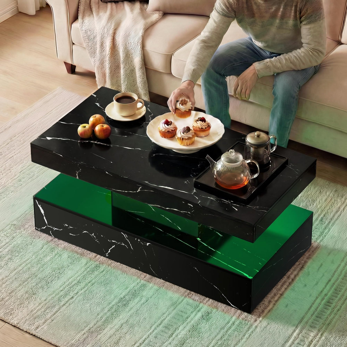 Fabulcozy 40" Modern Coffee Table with Storage Shelf, Faux Marble Fixed‑Top Center Table with LED Ambient Light, 2‑Tier Versatile Accent Table for Living Room & Small Spaces, Black