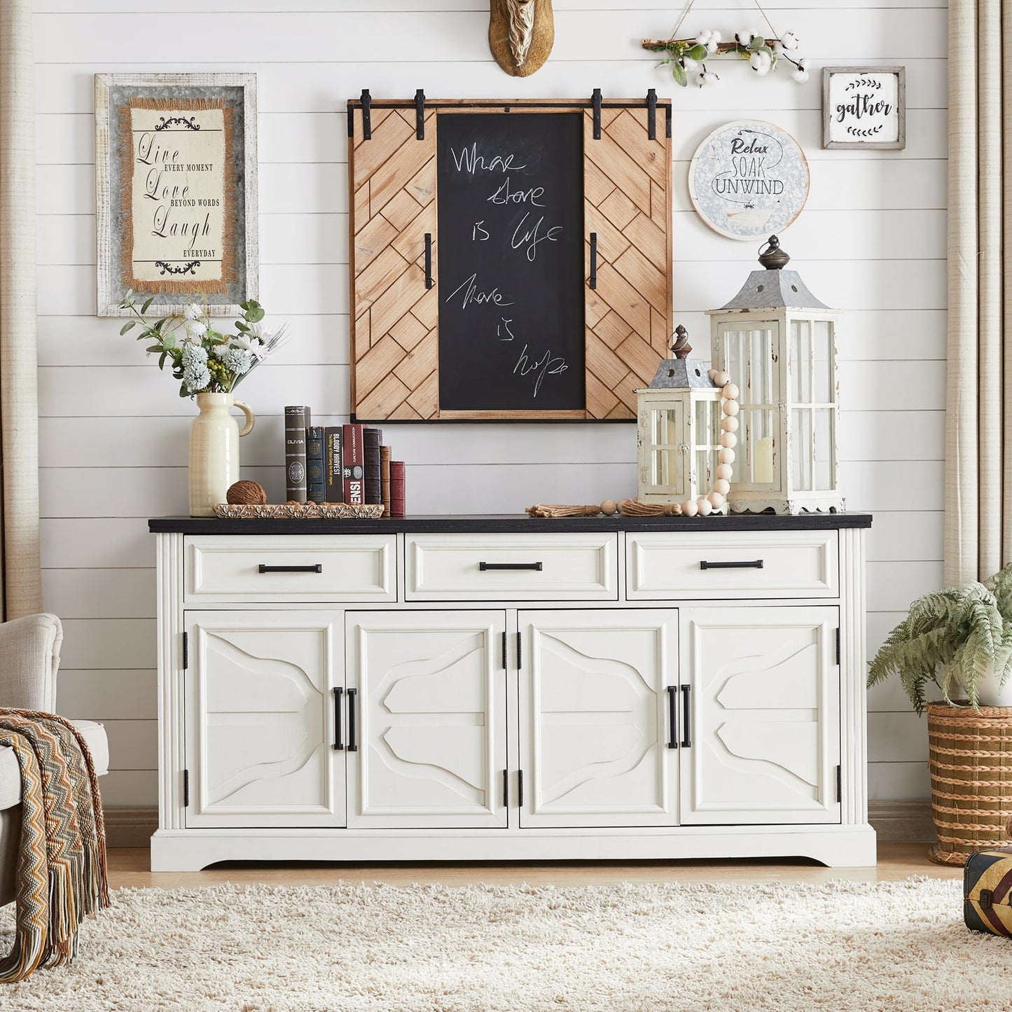 JXQTLINGMU 66" Farmhouse Buffet Cabinet with Storage, Sideboard Credenza with 4 Door Cabinets, Adjustable Shelves & 3 Drawers, Coffee Bar Cabinet for Dining Room, Kitchen, Living Room, Off White