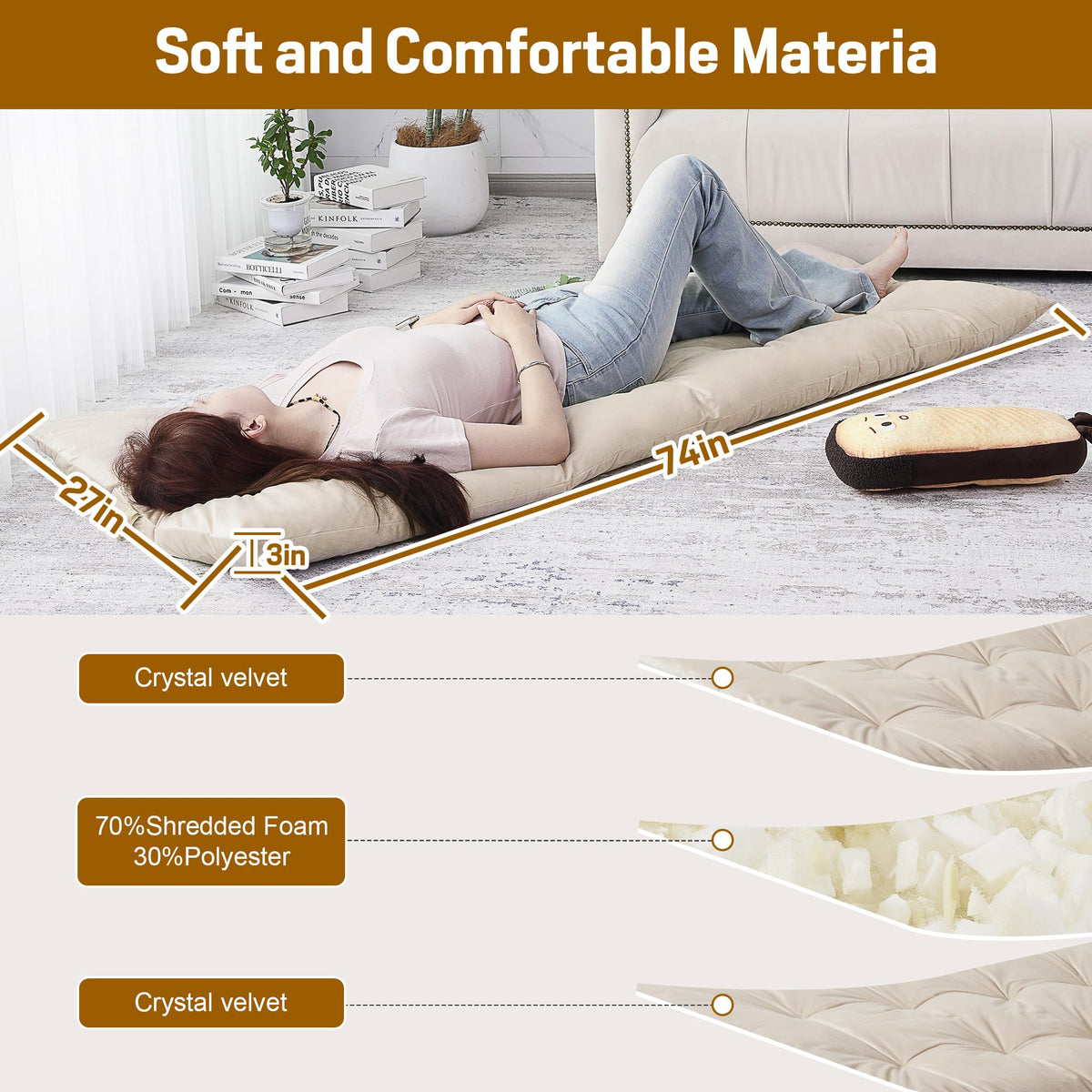 BALAPET Floor Lounger Pillow,Foldable Light Thick Tufted Floor Pillow Cushion with Elasticized Webbing for Easy Storage Floor Lounger for Meditation, Playing, Yoga, Reading, Sleeping(Beige White)