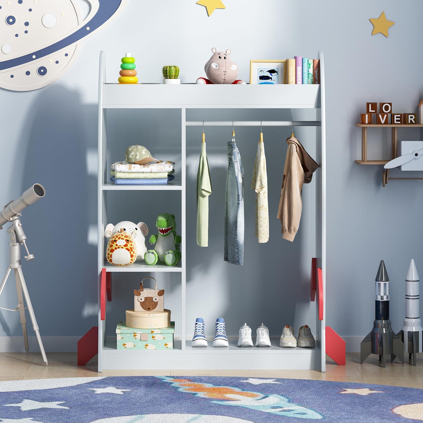 BVIUNTWO Rocket-Themed Kids Dress Up Storage with Mirror, Wooden Costume Organizer for Boys, Toddler Closet Organizers and Storage Armoire with Hanging Rod, Open Clothes Rack for Playroom & Bedroom