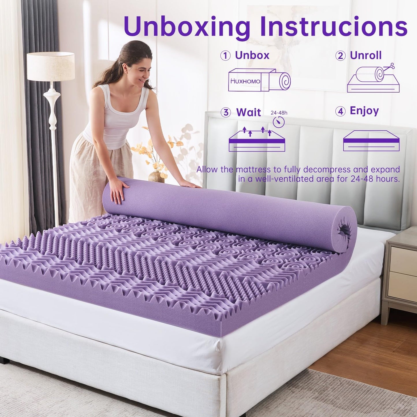 MUXHOMO 3 Inch Full Size Mattress Topper, 7-Zone Cooling Gel Infused Mattress Topper, Egg Crate Memory Foam Bed Pad, CertiPUR-US and Oeko-TEX Certification (54"×75", Lavender)