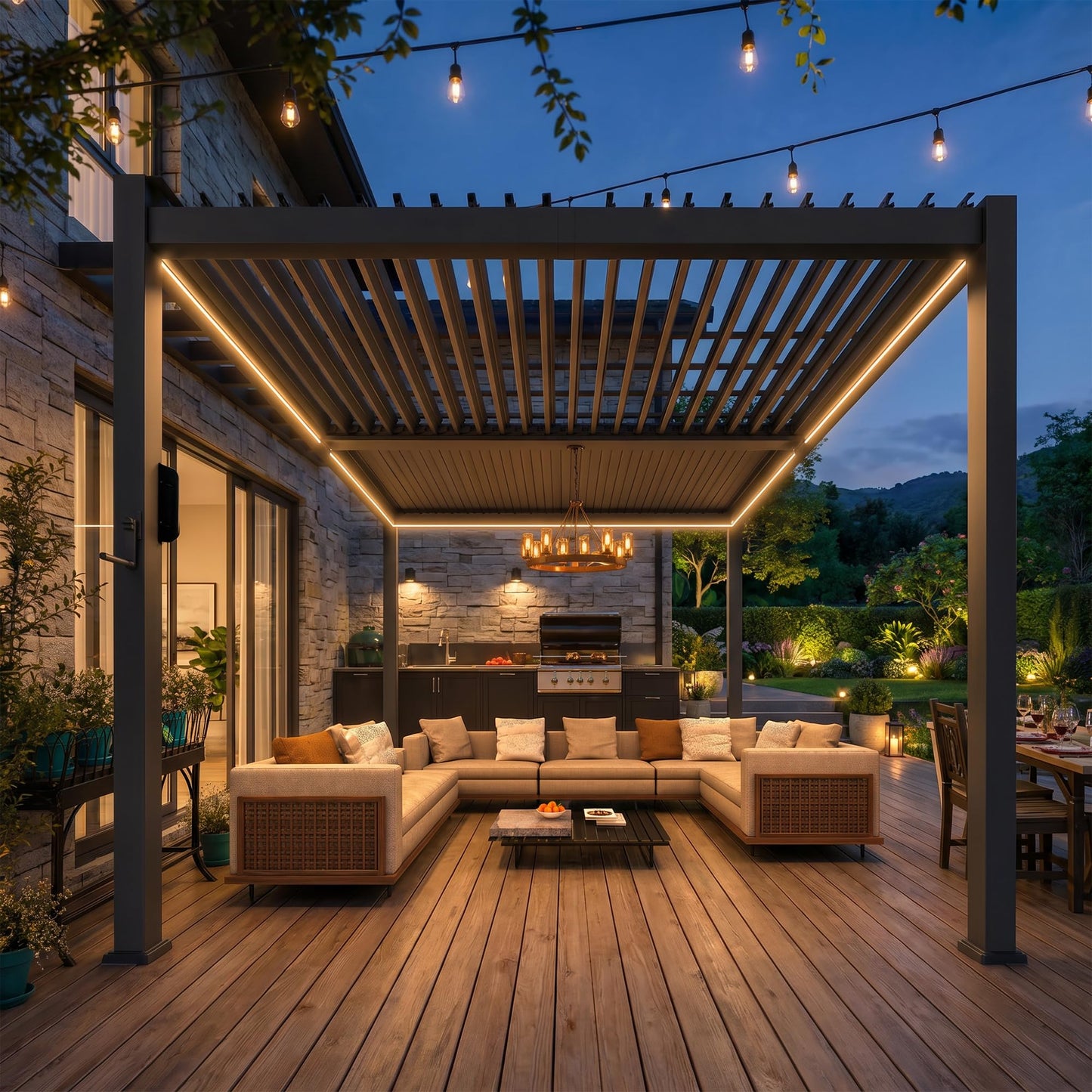 Suvivityse 10x10 Louvered Pergola with Lights, Aluminum Pergola with Adjustable Roof, Metal Outdoor Pergolas for Patios, Garden and Deck, Grey