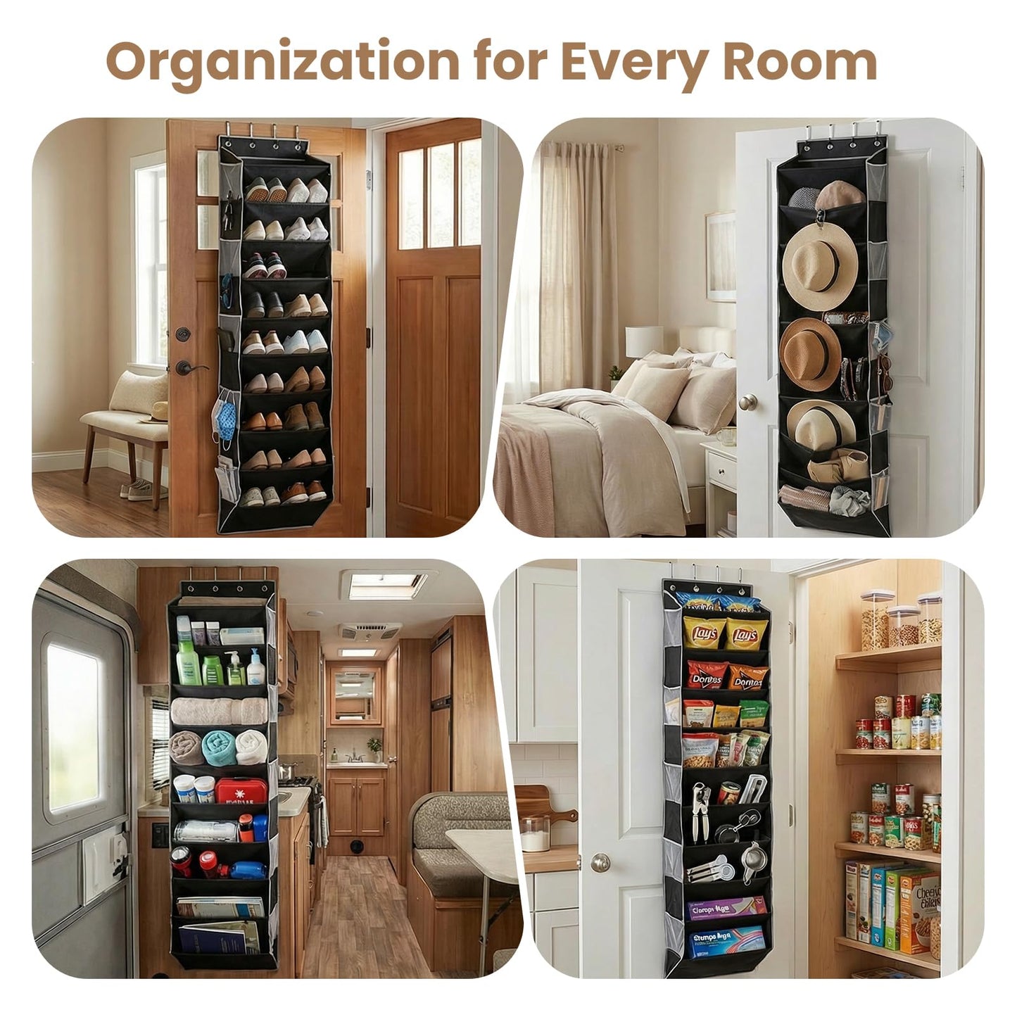 LUMIDOMA 10-Tier Over The Door Organizer with 4 Anti-Scratch Silicone Hooks & 10 Side Pockets, Hanging Shoe Organizer for Closet (15-20 Pairs), Behind the Door Storage for Toys, Household Essentials
