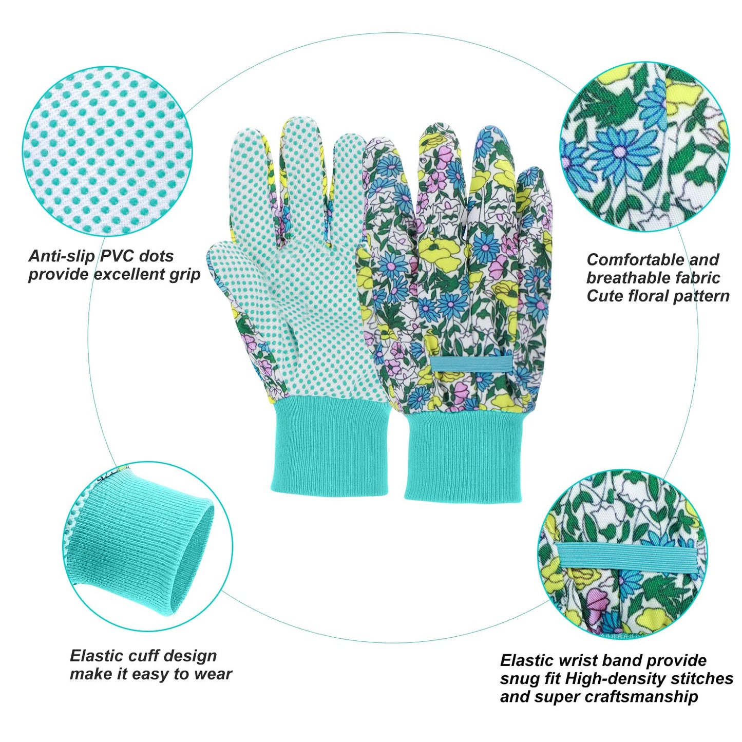 JUMPHIGH 4 Pairs Garden Gloves for Women, Floral with Non-Slip PVC Dots, Ladies Soft Breathable Yard Work Light Working Gloves, Elastic Knit Wrist, Large