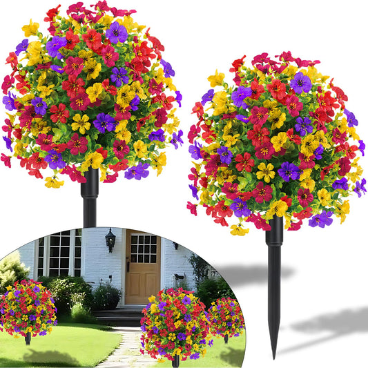 23" Set of 2 Spring Artificial Boxwood Topiary Ball Tree with Spikes,UV Resistant Fake Outdoor shrubs with Violet Flowers, Realistic Faux Plants Bushes for Garden Front Porch Yard Patio (Mixcolors)