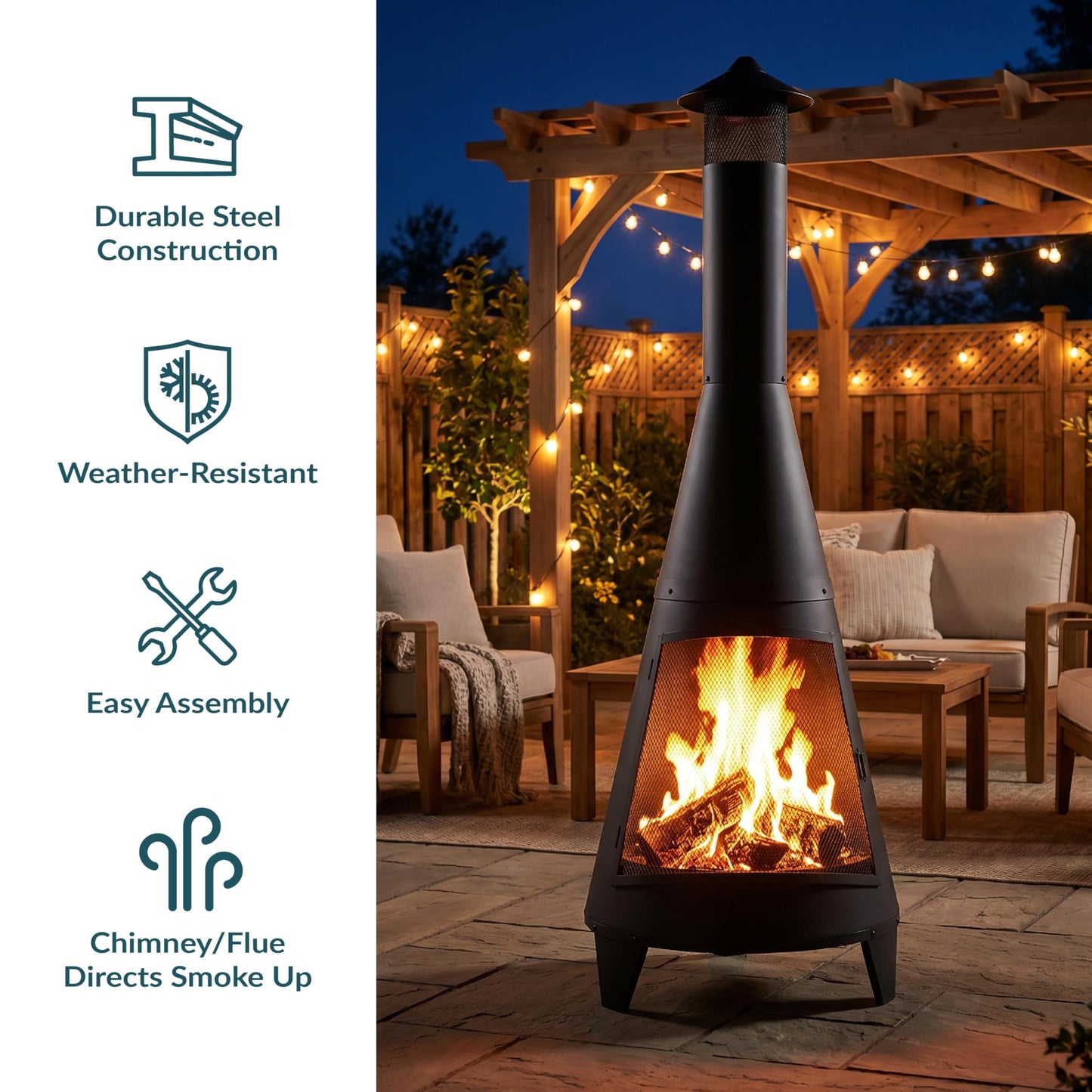 Sunnydaze 70" Large Chiminea Outdoor Fireplace, Wood Burning, Metal, Black