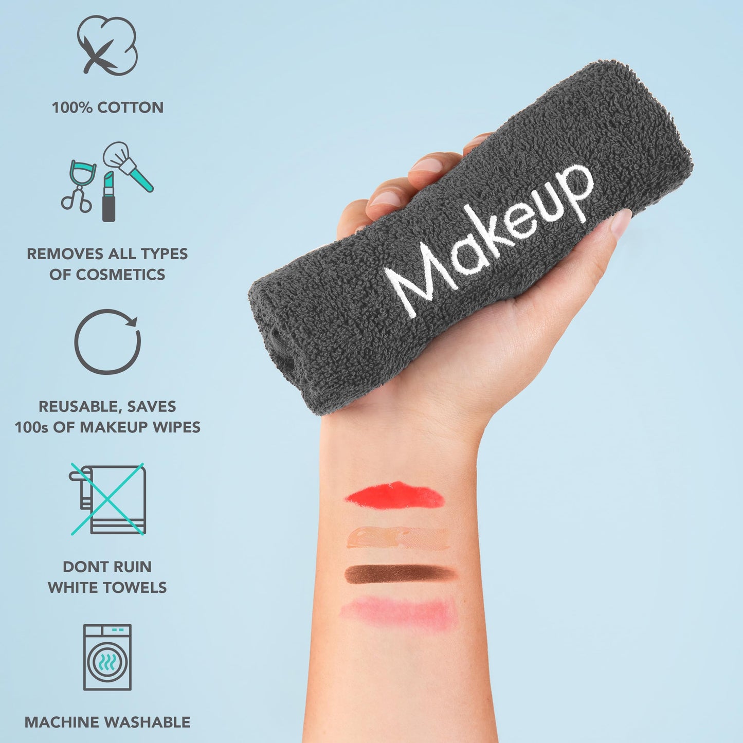 Arkwright Makeup Remover Fingertip Towels 6 Pack - 100% Cotton Face Towels, Soft Reusable Washcloths, Gentle Facial Cleansing for Waterproof Makeup, 11 x 17, Grey