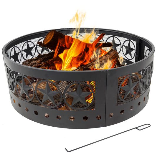 Sunnydaze 36-Inch Outdoor Fire Pit Ring with Poker - Round Heavy-Duty Steel Fire Ring for Camping or Backyard - 4-Star - 12" H