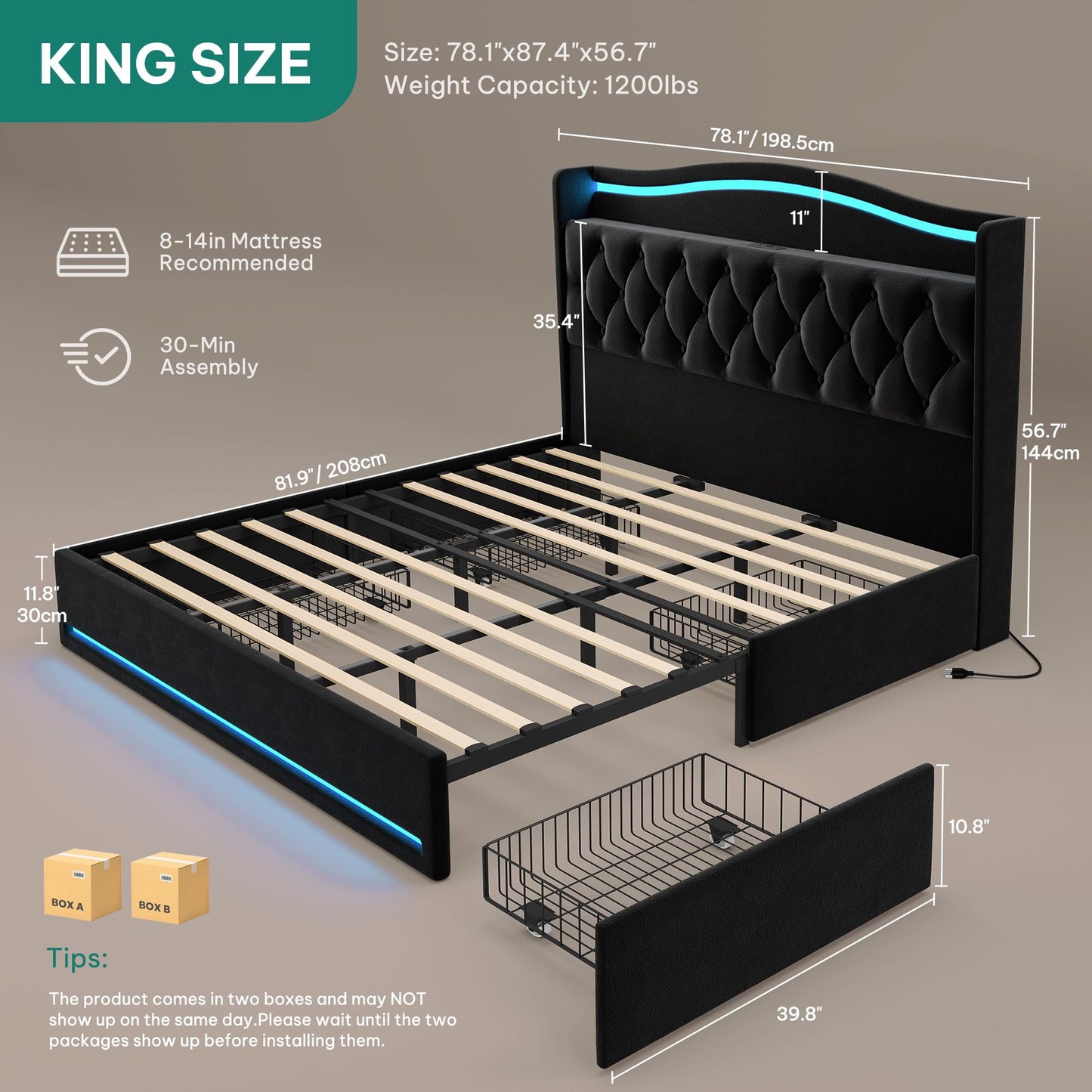 YITAHOME King Size Bed Frame with 4 Storage Drawers and RGB LED Lights