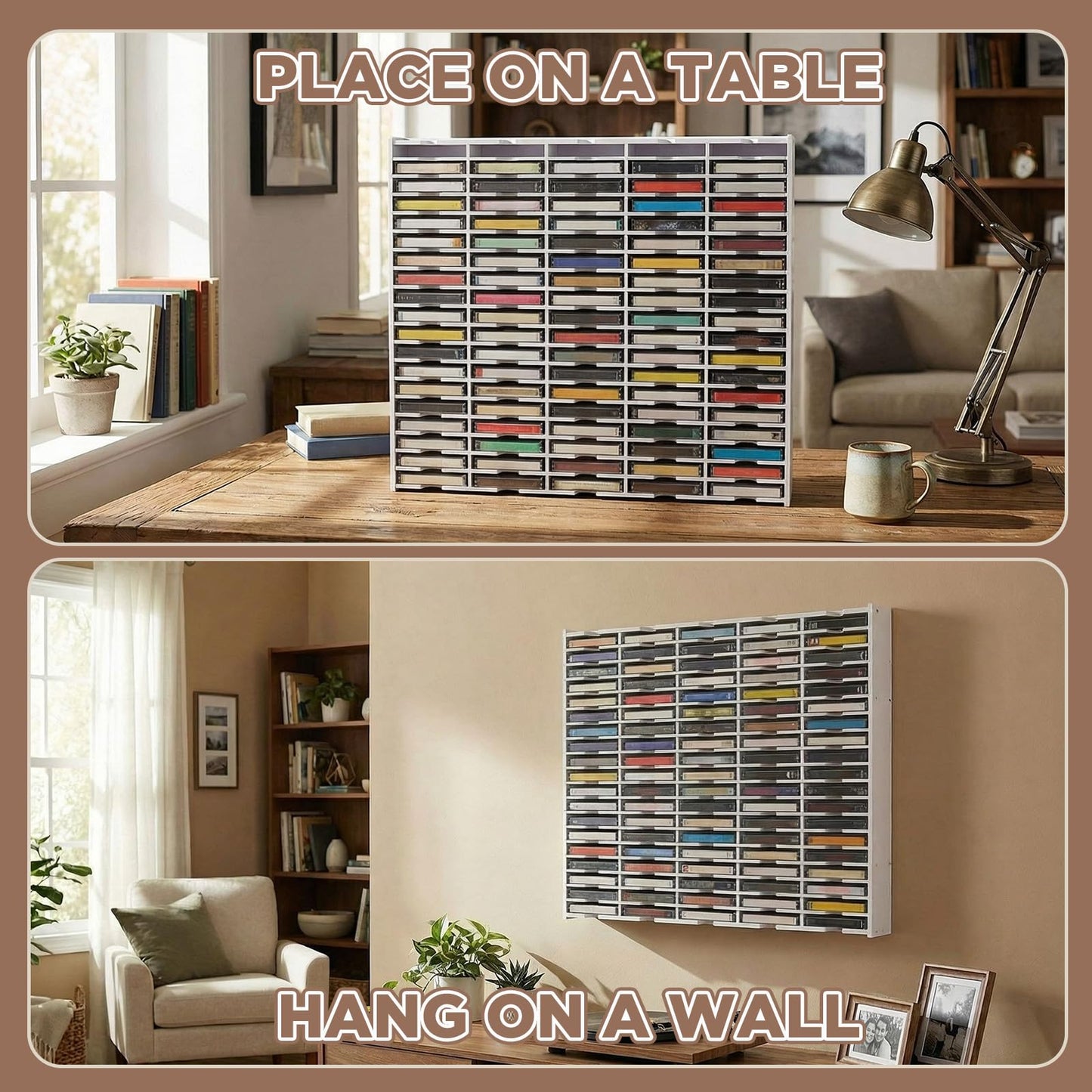 100 Slot Cassette Tape Storage Rack, Wall Mount or Freestanding Organizer