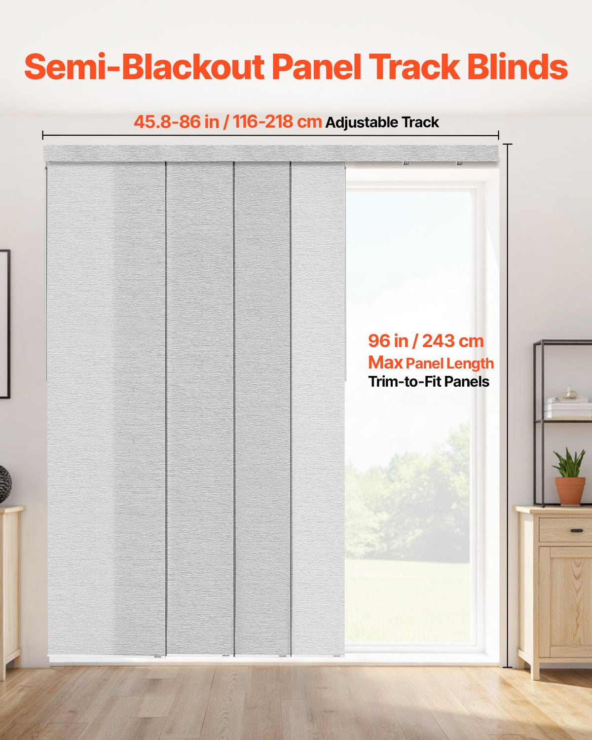 VEVOR Panel Track Blinds, Extendable Track from 45.8 in to 86 in W, Trimmable Panel Curtains Up to 96 in H, Adjustable Vertical Panel Blinds for Sliding Doors, Patio Doors, Room Divider, Window, Gray