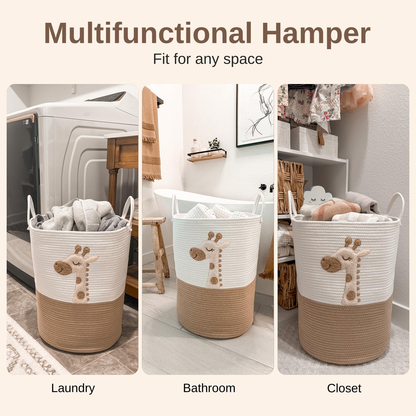 Baby Laundry Basket & Nursery Hamper – 20"x15" Large Giraffe Baby Hamper for Nursery Decor, Tall Woven Rope Dirty Clothes Laundry Hamper with Handles, Safari Animal Baby Room Storage Bin (White & Tan)