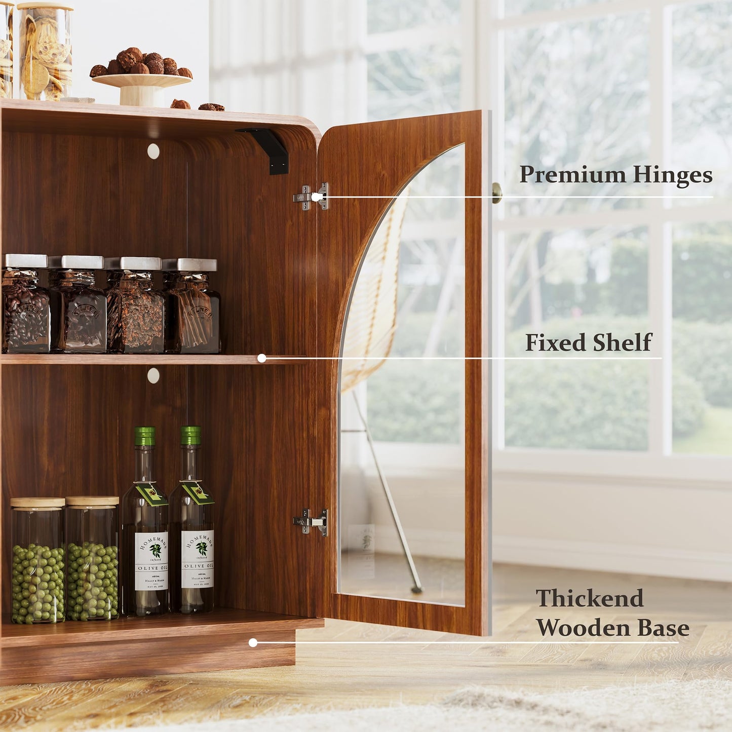 beronbaer Sideboard Buffet Cabinet with Storage, 68" Walnut Credenza Accent Cabinet Buffet Table w/4 Arched Glass Doors & LED Light, Modern Coffee Bar Liquor Cabinet w/2 Shelves for Kitchen Entryway