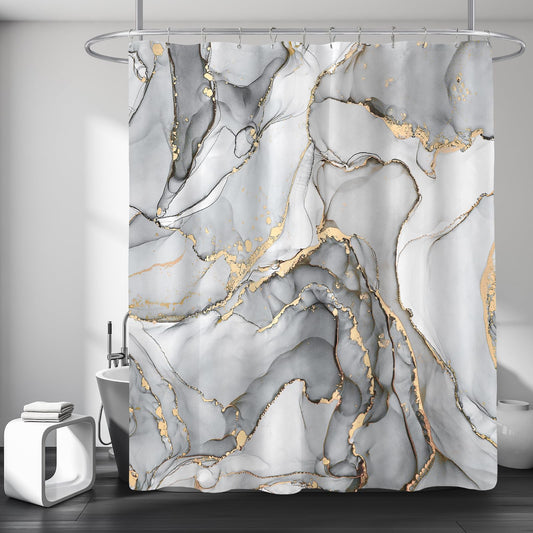 BayNook Grey Marble Shower Curtain, Modern Abstract Fabric Shower Curtains for Bathroom, Luxury Art Decor Silver Gray Gold Ink Texture Watercolor Shower Curtain Set with Hooks 72x72