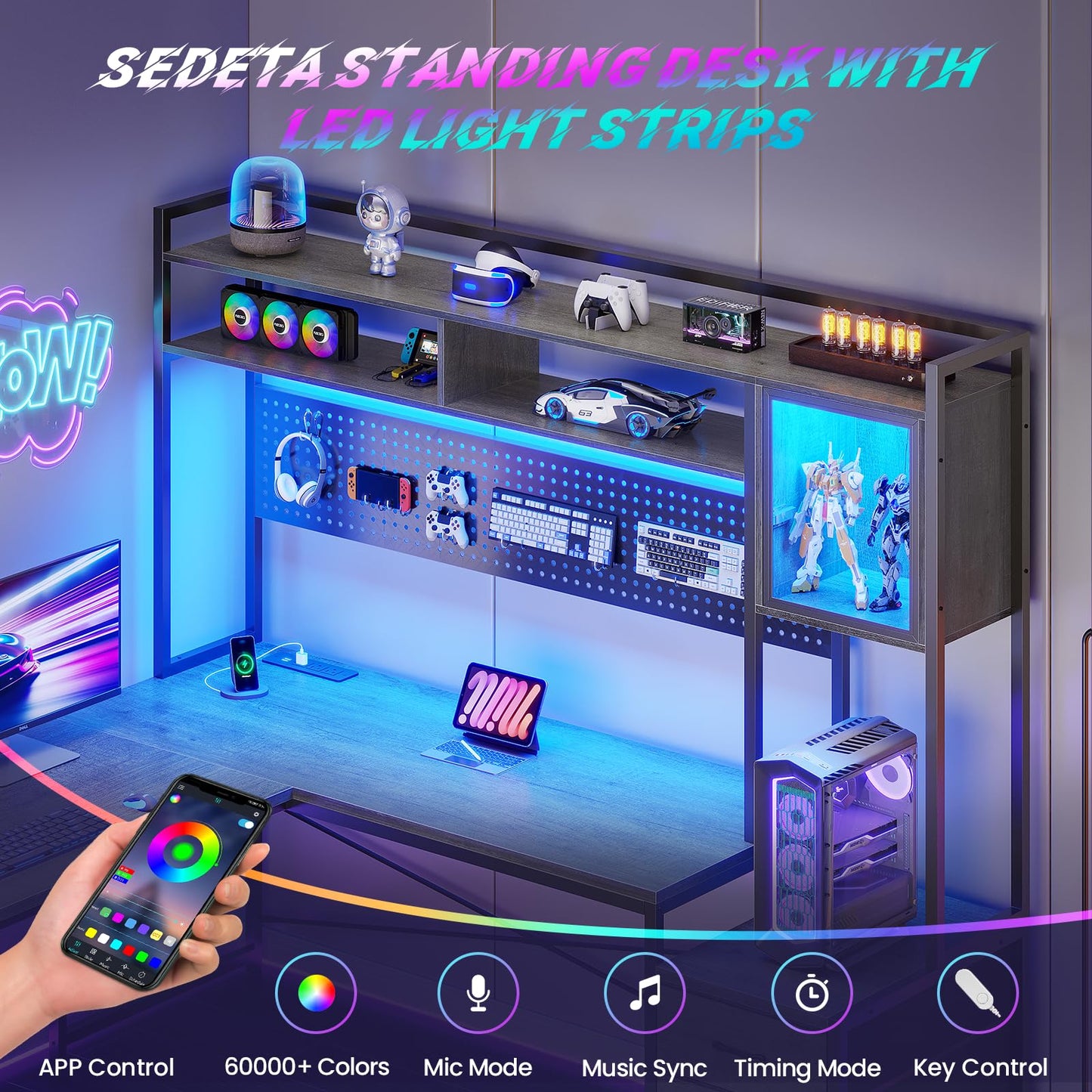 SEDETA Reversible L Shaped Gaming Desk with 6 Drawers, Hutch, Led Lights
