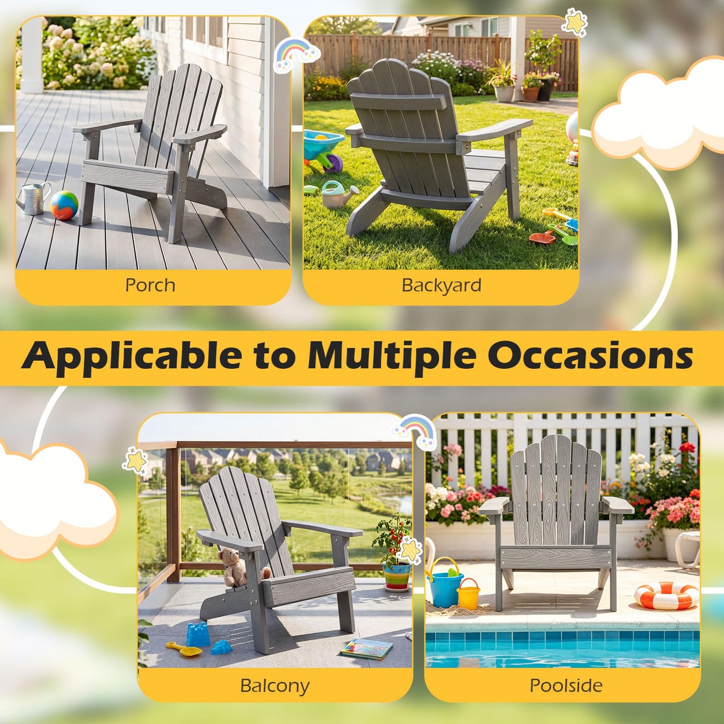 Costzon Kids Adirondack Chair, All-Weather HIPS Toddler Outdoor Chair, Wooden Textured Plastic Fire Pit Chair, Kids Patio Chair for Backyard Lawn Garden, Fits Children Age 3-7 Years (1, Gray)