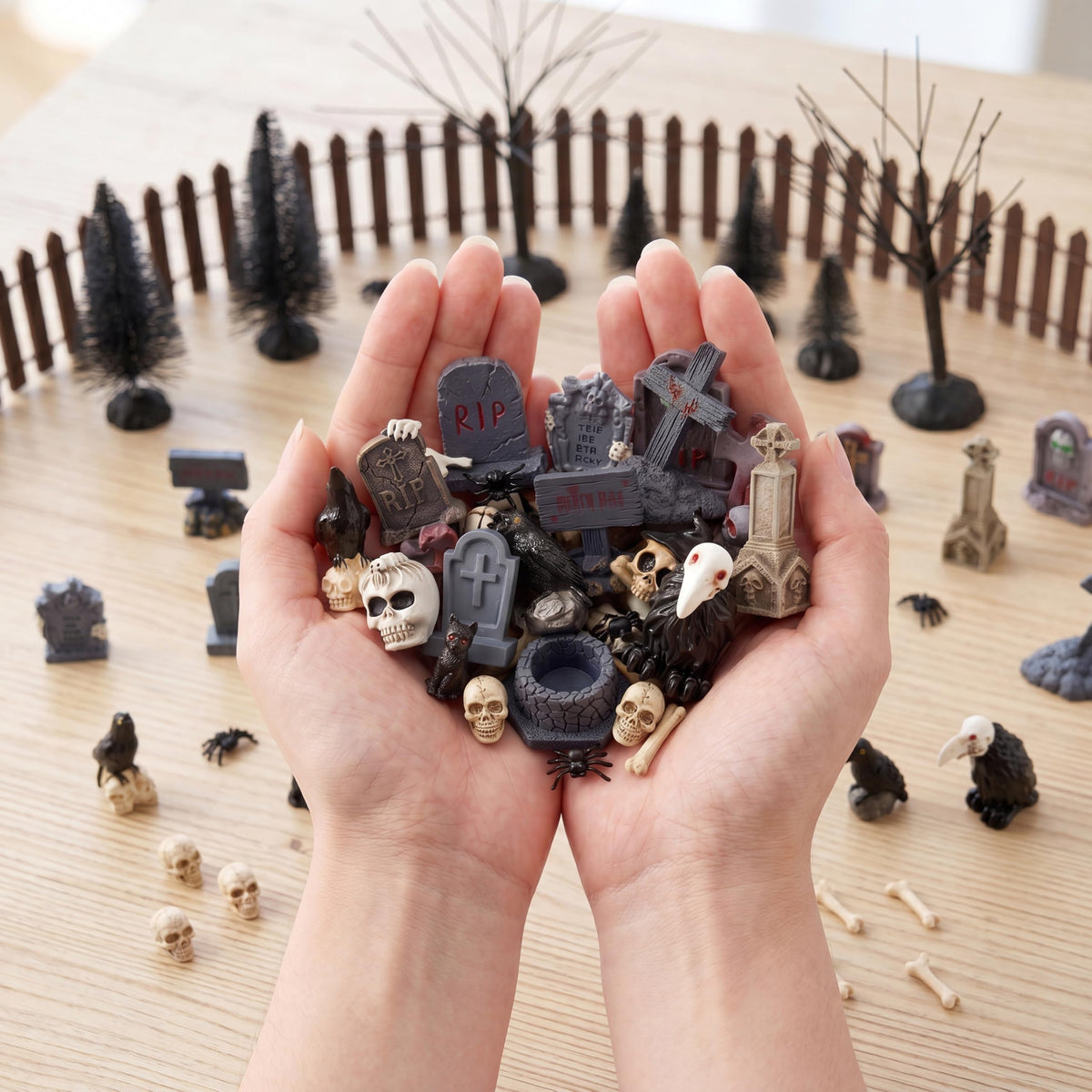 JOYIN 61 Pcs Halloween Village Accessories Set Miniature Graveyard Decorations, Mini Tombstones, Crows, Black Cat, Skulls, Spiders, Fence and Trees for Halloween Town Mini Scene Garden Dollhouse Decor