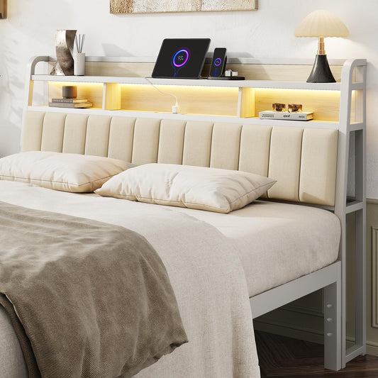 Lefurture King Headboard Only with Storage, Upholstered Headboards for King Size Bed with LED Light, Charging Station, Height Adjustable, Sturdy and Stable Headboard, Off White