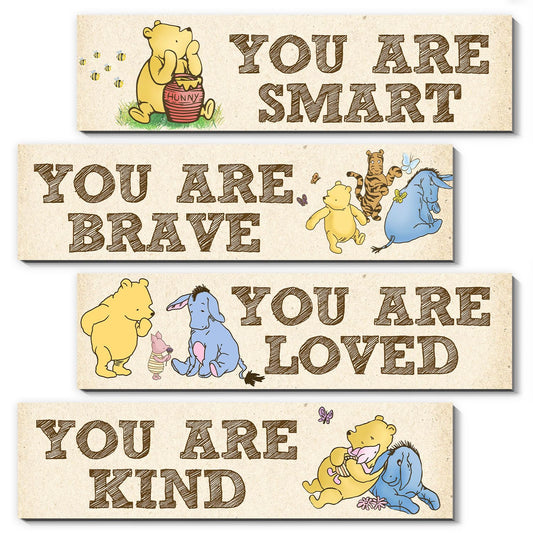 BirtDerr Winnie Room Decor- the Pooh Sign-Wooden Baby Stuff-Vintage Nursery Decor-4PCS Wall Decor Wall Art(Classic)-You Are Kind Brave