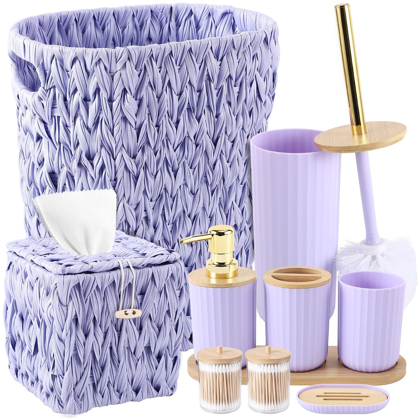 Bathroom Accessory Set, 10 Pieces Bath Set Purple 4 Gallon Wicker Trash Can