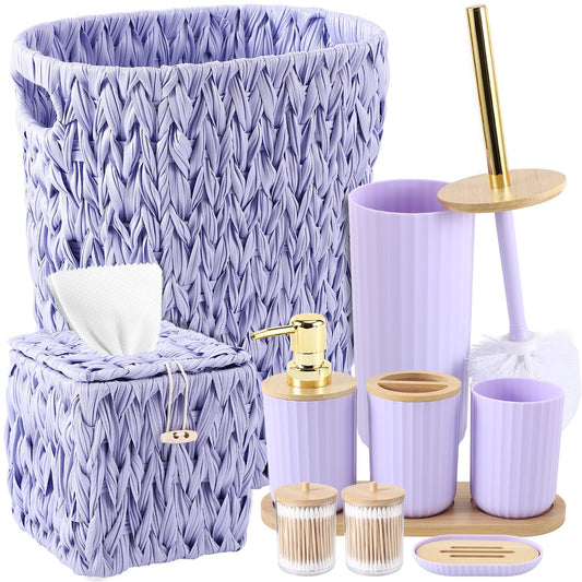 Bathroom Accessory Set, 10 Pieces Bath Set Purple 4 Gallon Wicker Trash Can