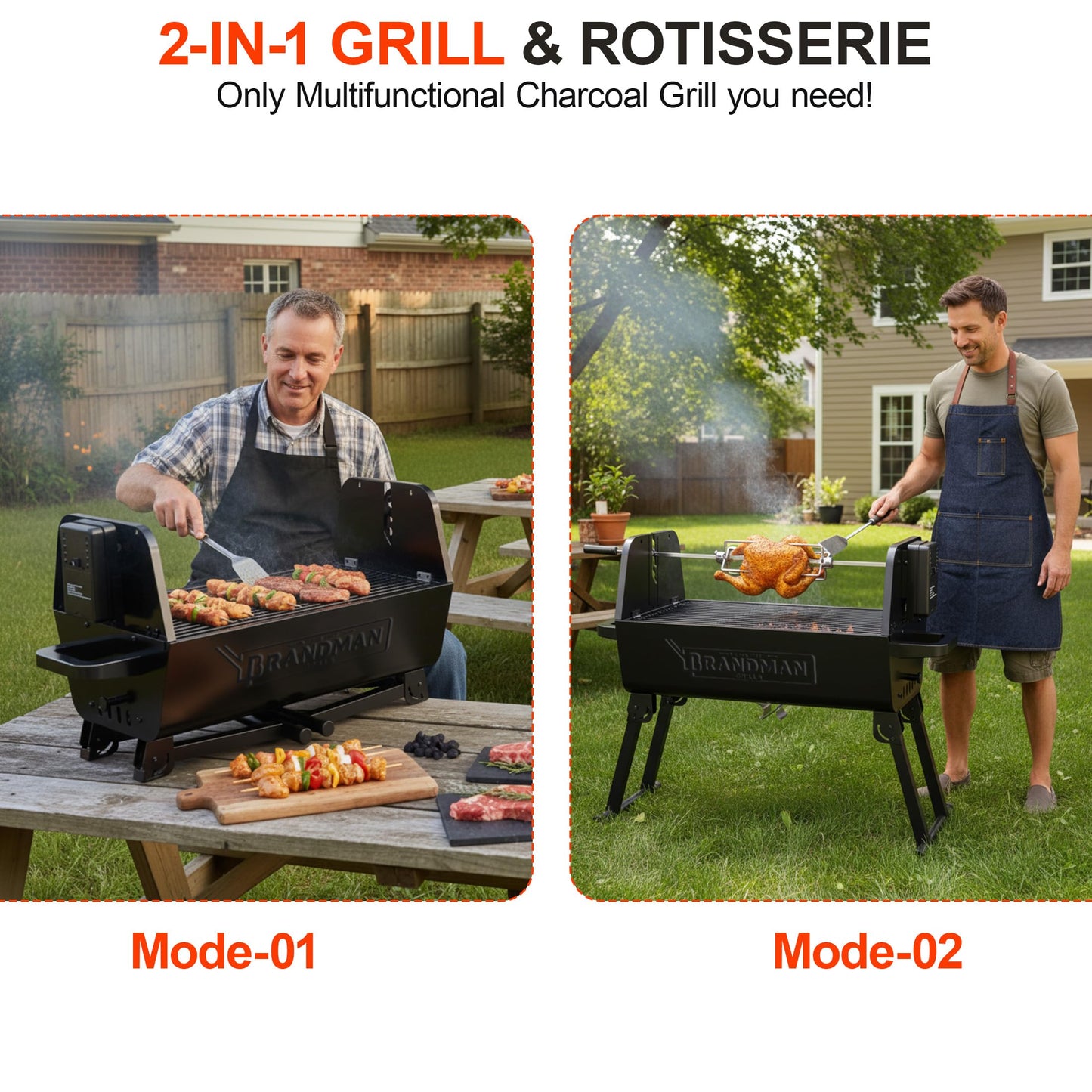 BRANDMAN GRILLS SINCE 1987 2 in 1 Portable Charcoal BBQ Rotisserie Grill with Motorized Kit Folding BBQ Grill 257 sq.in. Porcelain Enameled Grate Lightweight for Backyard Outdoor Camping
