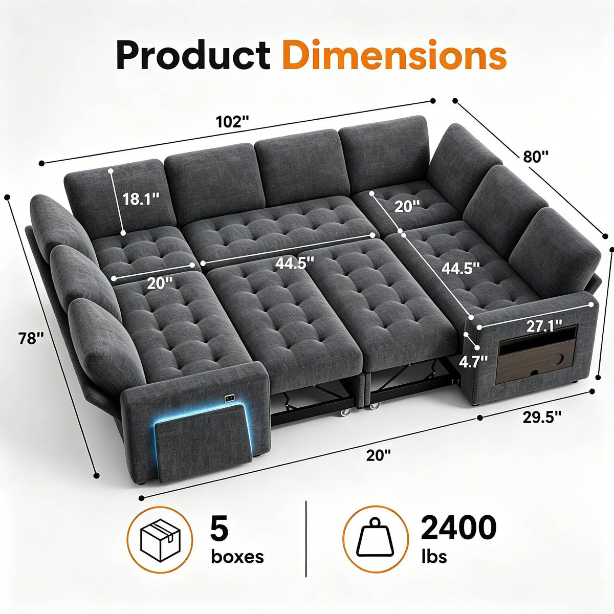 Sunny Heart 8 Seat U Shaped Sectional Sleeper Sofa Bed with Pull Out Bed, Chenille Sectional Sleeper Couch with Adjustable Backrest, USB Ports, LED, Side Table, Tool-Free Assembly,Gray