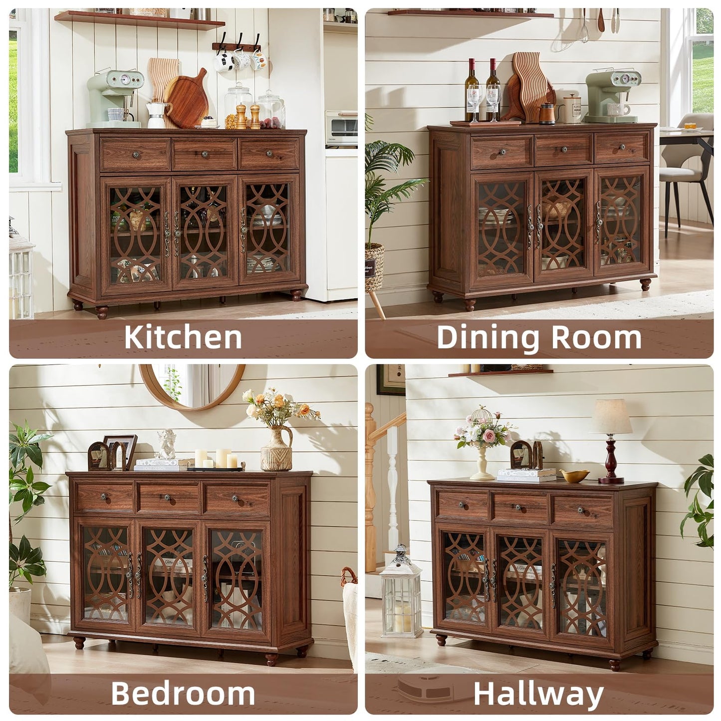 Joaxswe Farmhouse Sideboard Buffet Cabinet with Storage,48" Large Credenza with 3 Glass Doors & 3 Drawers,Adjustable Shelves Console Table,Wood Kitchen Coffee Bar for Dining Room,Living Room,Brown