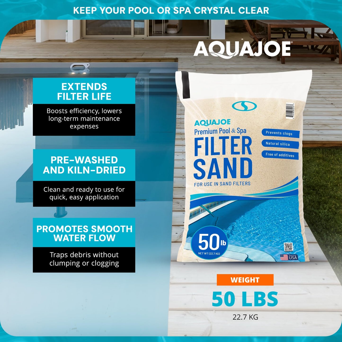 Aqua Joe Premium Pool & Spa Filter Sand, Natural Silica, 50 Lb Bag - Above Ground & Inground Swimming Pool System Accessory - Care, Cleaning & Maintenance, FLTSAND50