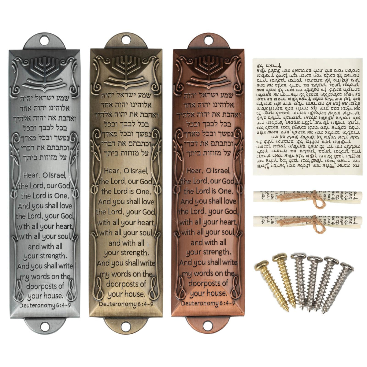 Exselens Mezuzah Set of 3 Jewish Door Mezuzah with English/Hebrew House Blessing, Metal Cases with Non-Kosher Scrolls, Gold, Silver, Bronze